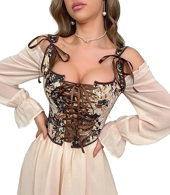 Women Renaissance Corset-Bustier-Tops - Floral Vintage Boned Jacquard Bustier Vest Lace-Up Overbust Corset for Going Out