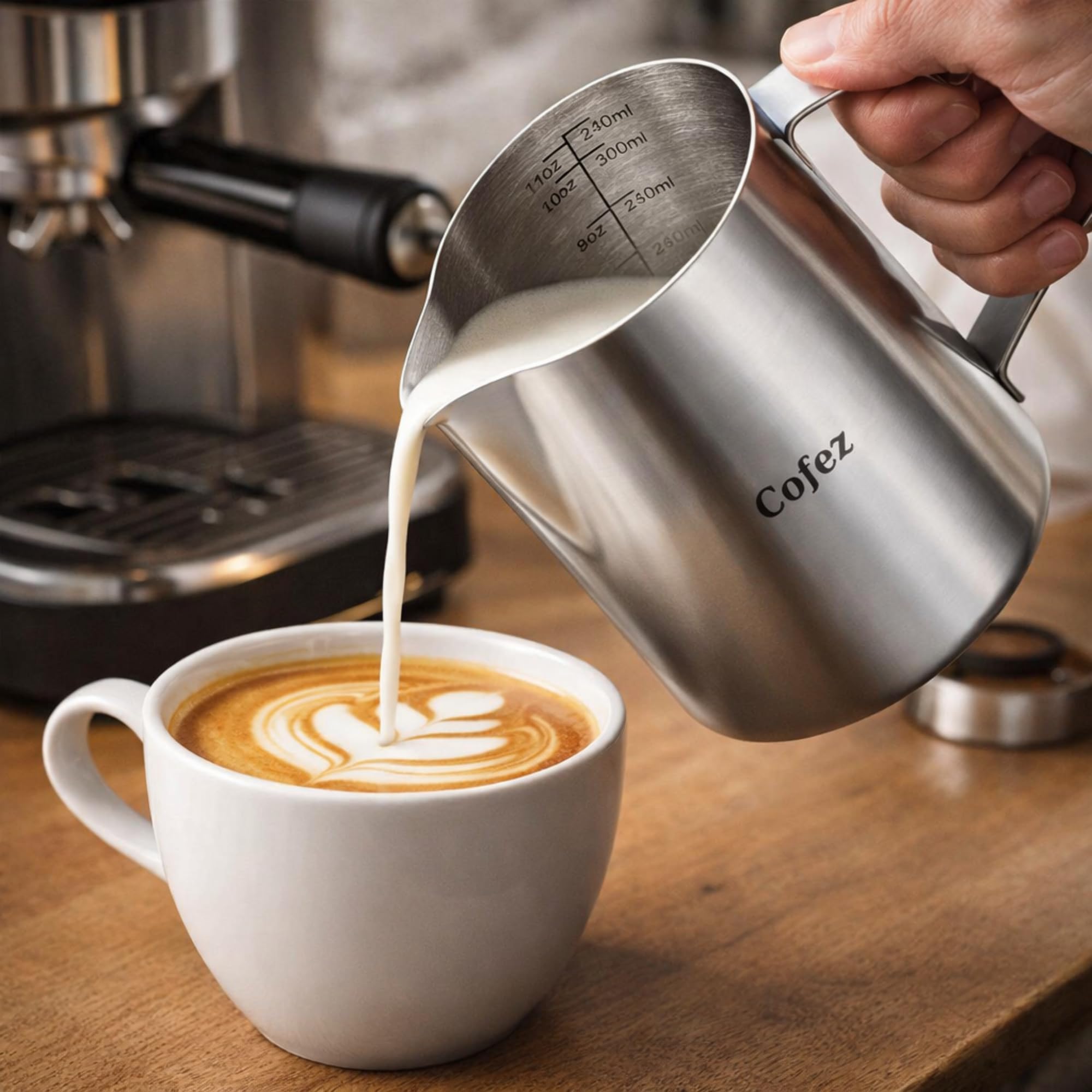 Milchkännchen Edelstahl 350ml mit skala - barista kanne für Latte Art - Hochwertige Milchkanne als Kaffee Zubehör - Perfekt zum Milchaufschäumen - Aufschäumkännchen zum Milch aufschäumen (Silber)