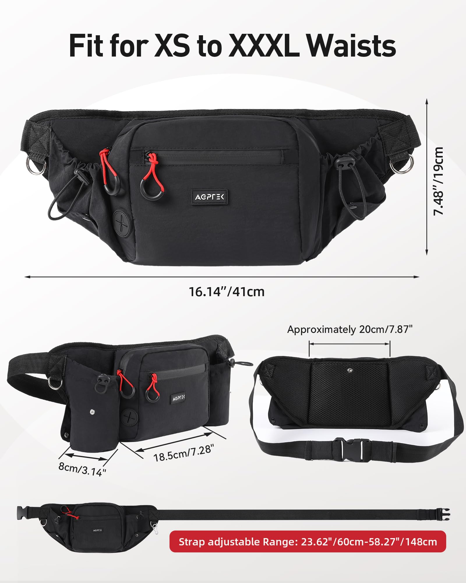 AGPTEK Sac à Friandises pour Chien, Sac Banane Grande Capacité Dressage Canin, Imperméable, Poche Amovible, Porte-Gourde, Distributeur de Sacs à Déjections, Fermeture Étanche, Sangle Ajustable, Noir