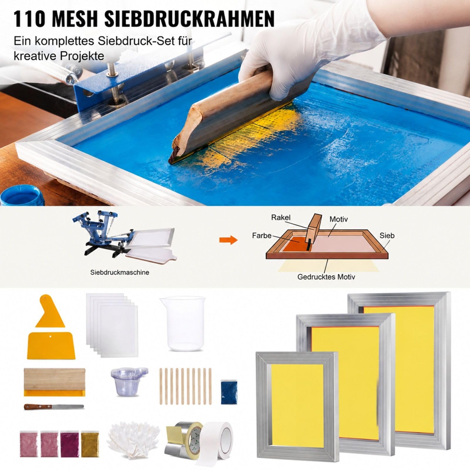 Siebdruck-Set mit 3 Aluminium-Siebdruckrahmen, 110 Mesh, Rakeln und transparenten Folien für T-Shirts