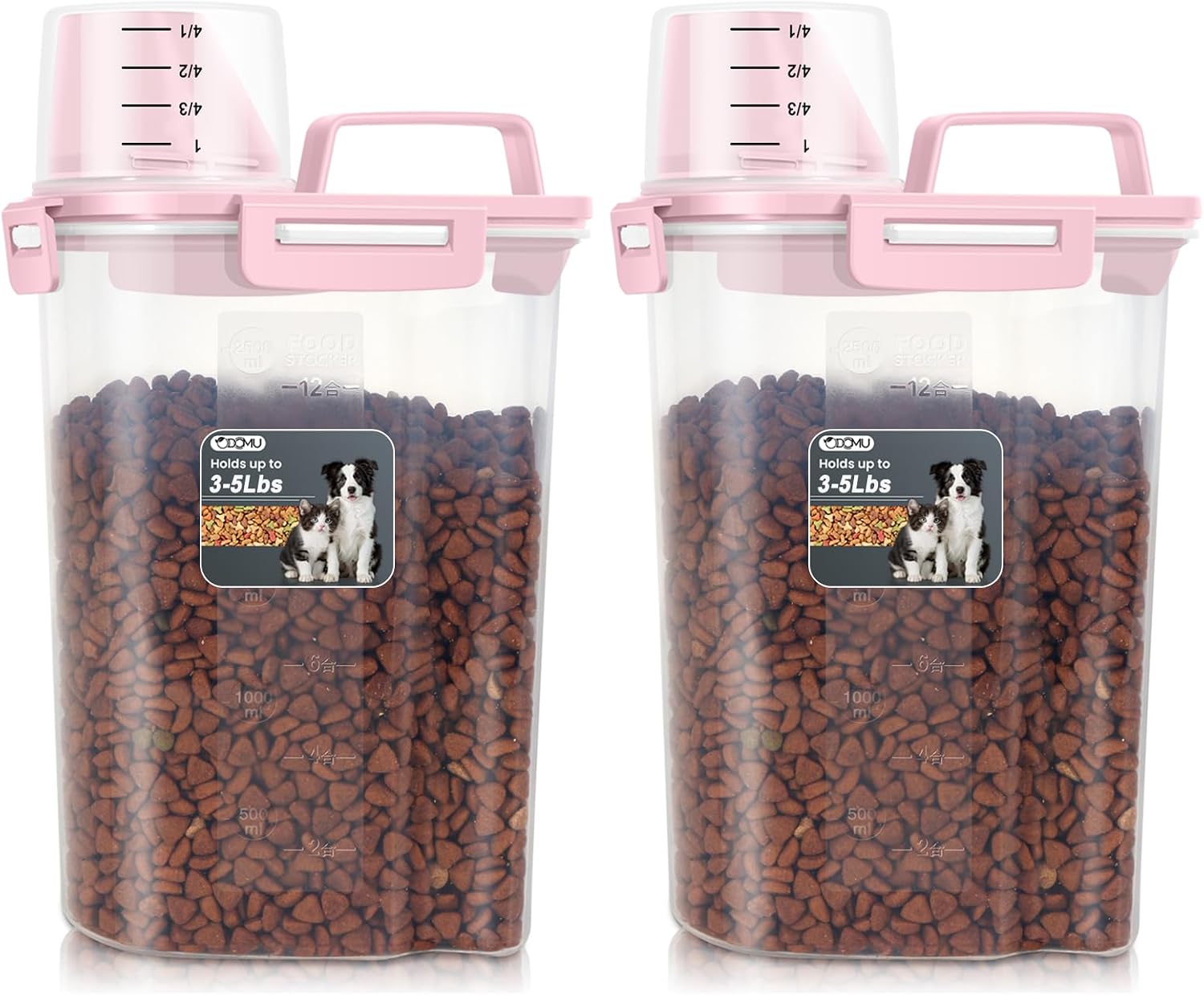 3-5LBS Upgraded Large Nozzle Dog Cat Food Storage Container BPA-free, Airtight Pet Food Storage Bin with 4 Lock Buckles, Sealing Gasket, Cup for Pet Food, Cereal, Dog Treats, Rice, Pink-2 Pack