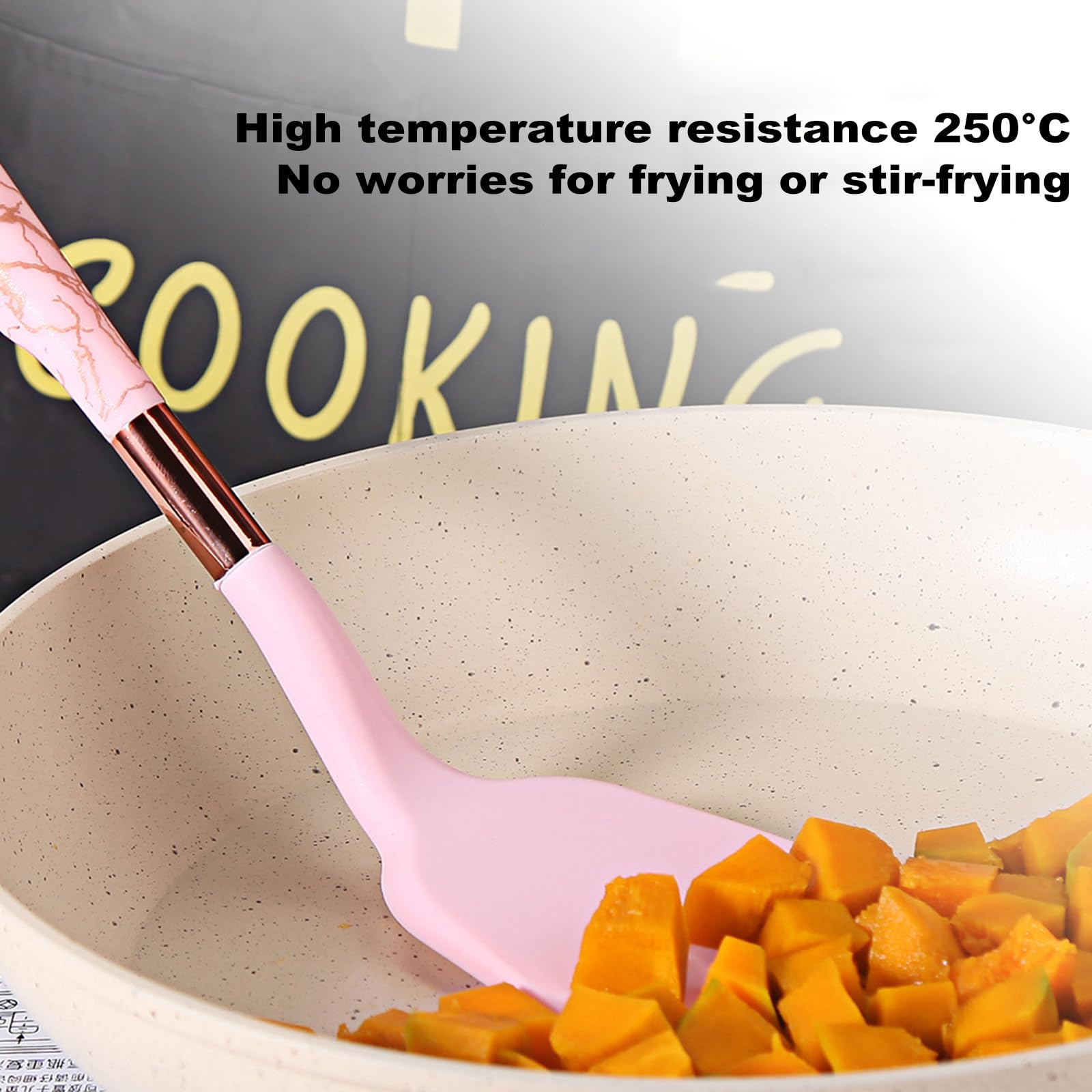 Silikon Küchenhelfer Set, Küchenutensilien Kochgeschirr Hitzebeständig Kochbesteck Backen Kochen Antihaft 7 Stück,Spray dots,White