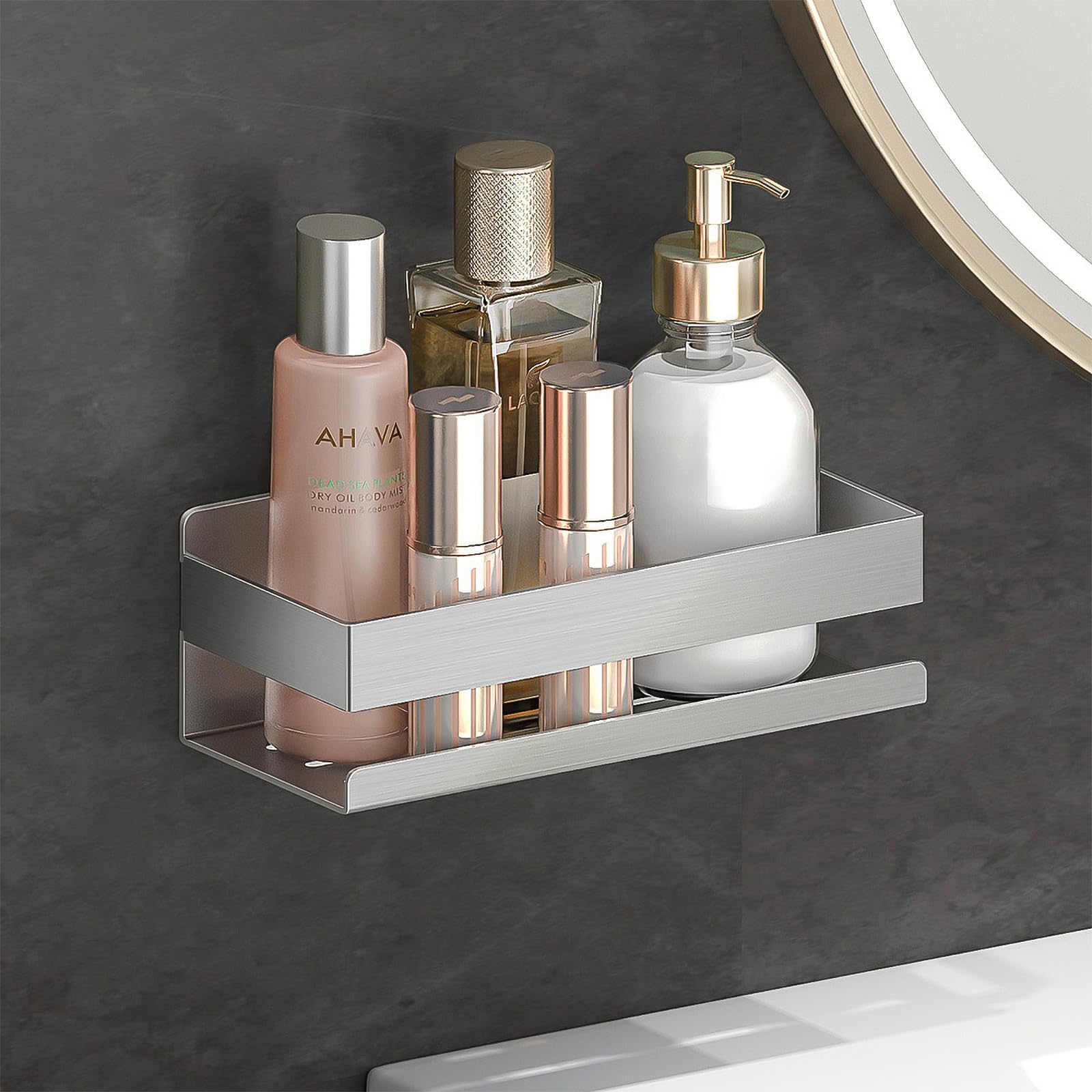 EXLECO 2X 30CM Duschablage Ohne Bohren Duschregal Wand Edelstahl Badregal mit 8 Haken Duschkorb zum Bohren Bad Regal Badezimmer Aufbewahrung Wandregal für Shampoo Duschgel 7.5cm Hoch Gebürstet Silber