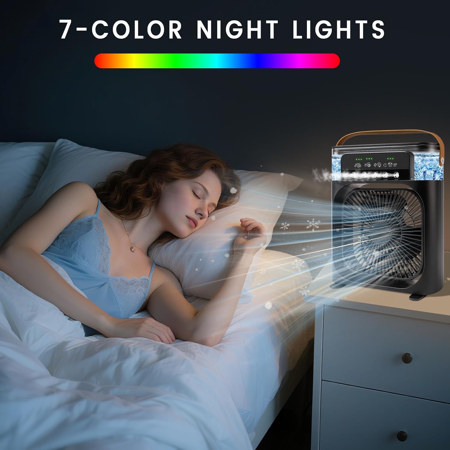 Portable Air Conditioner Fan, Mini Evaporative Air Cooler with 5 Spray Nozzles,3 Wind Speeds,3 Timers, 7 Colors LED Light,600ML Personal AC Unit Fan for Bedroom Office Camping（Black）