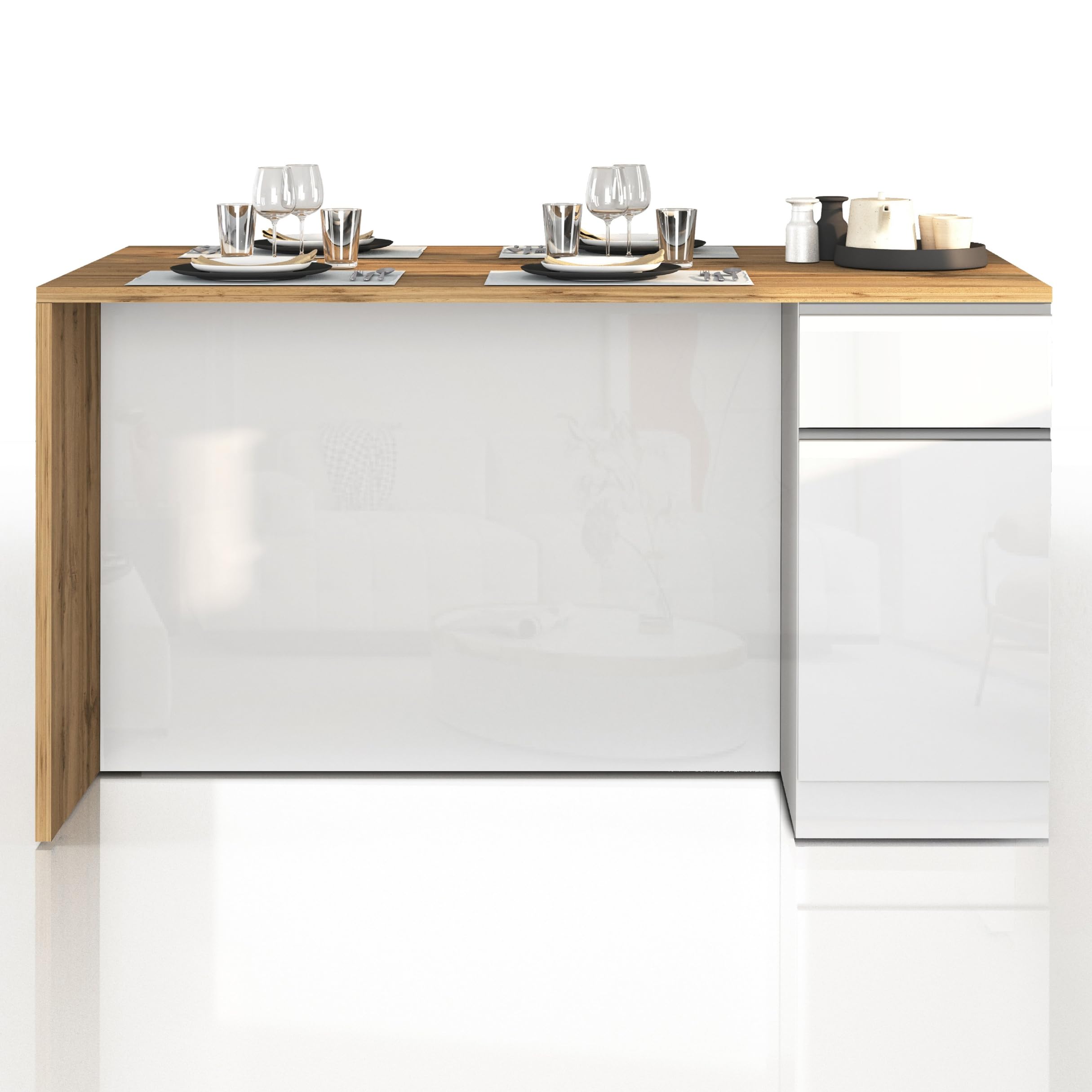 WHOUS Isola Cucina SOLE con 2 Ante e 2 Cassetti, Tavolo da Pranzo e Piano di Lavoro, Ideale per Open Space e Spazi Ridotti, 160x90x90 cm, Bianco Lucido e Rovere