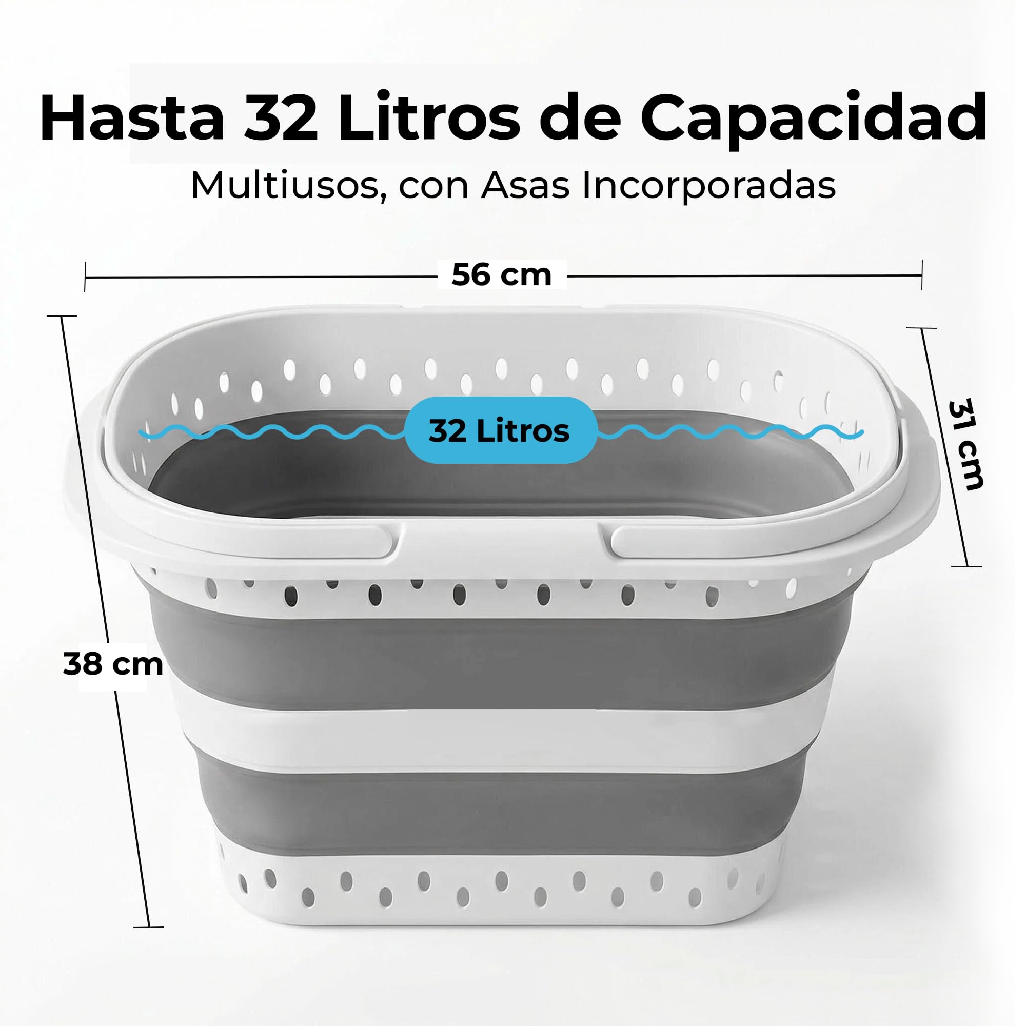 Cesto Plegable de Colada 32L CIA&CO, Cesta de Ropa Plegable de Silicona con Asas, Compacta y Portátil, Ahorra Espacio, para Lavandería, Camping, Cocina, Fregadero y Limpieza