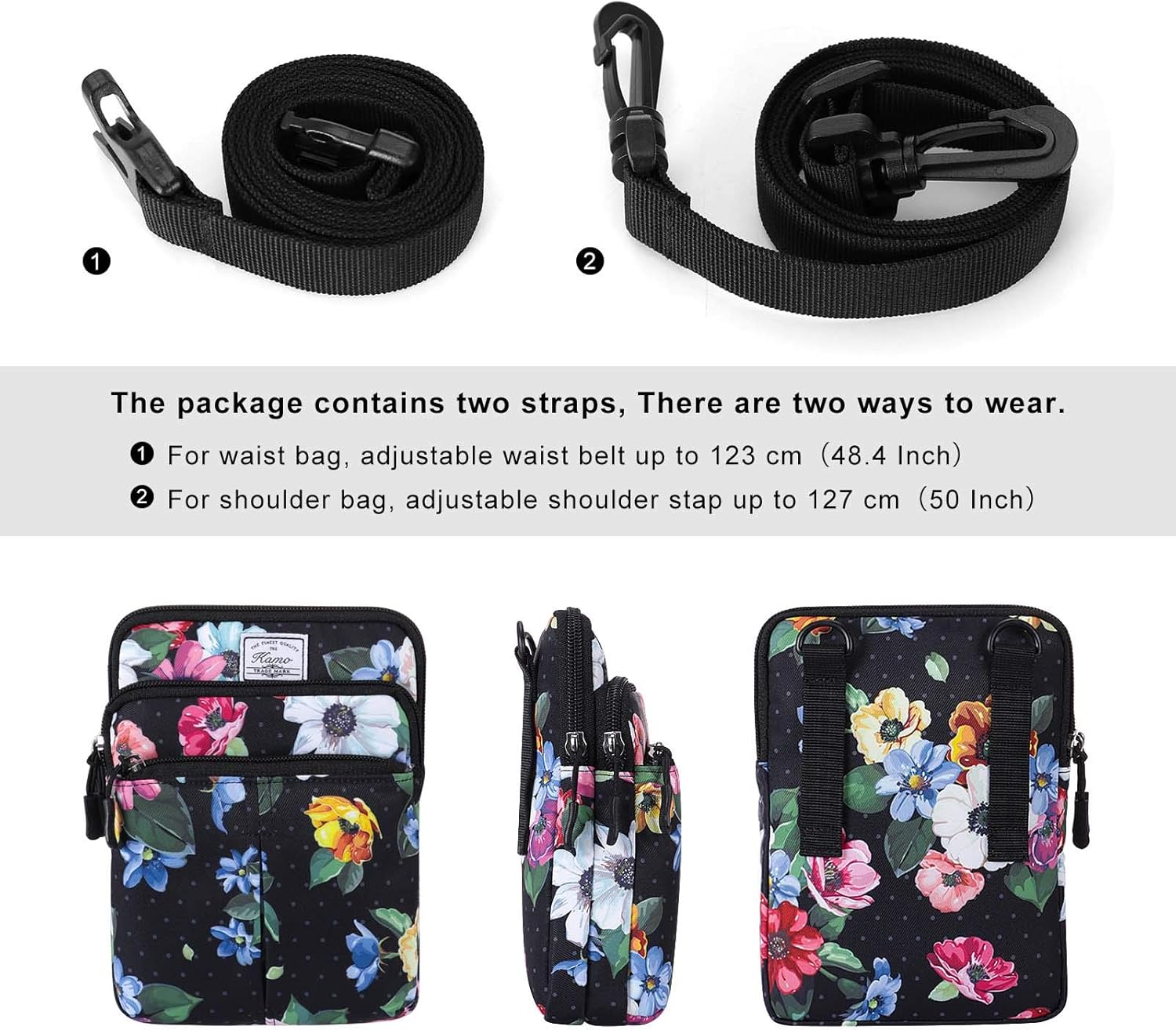 KAMO Multifunction Phone Bag One Shoulder Phone Waist Bag Diagonal Cross Bag Smart Phone Case Outdoor Bag Triple Zip Hipster Crossbody Purse for Women & Men - Image 2