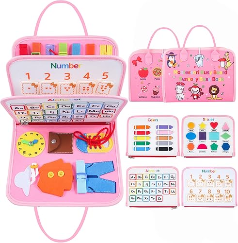 Busy Board - Juguetes Montessori para niños de 1, 2, 3, 4 años, libro de actividades sensoriales para habilidades motoras finas, artículos Rosa,Azul