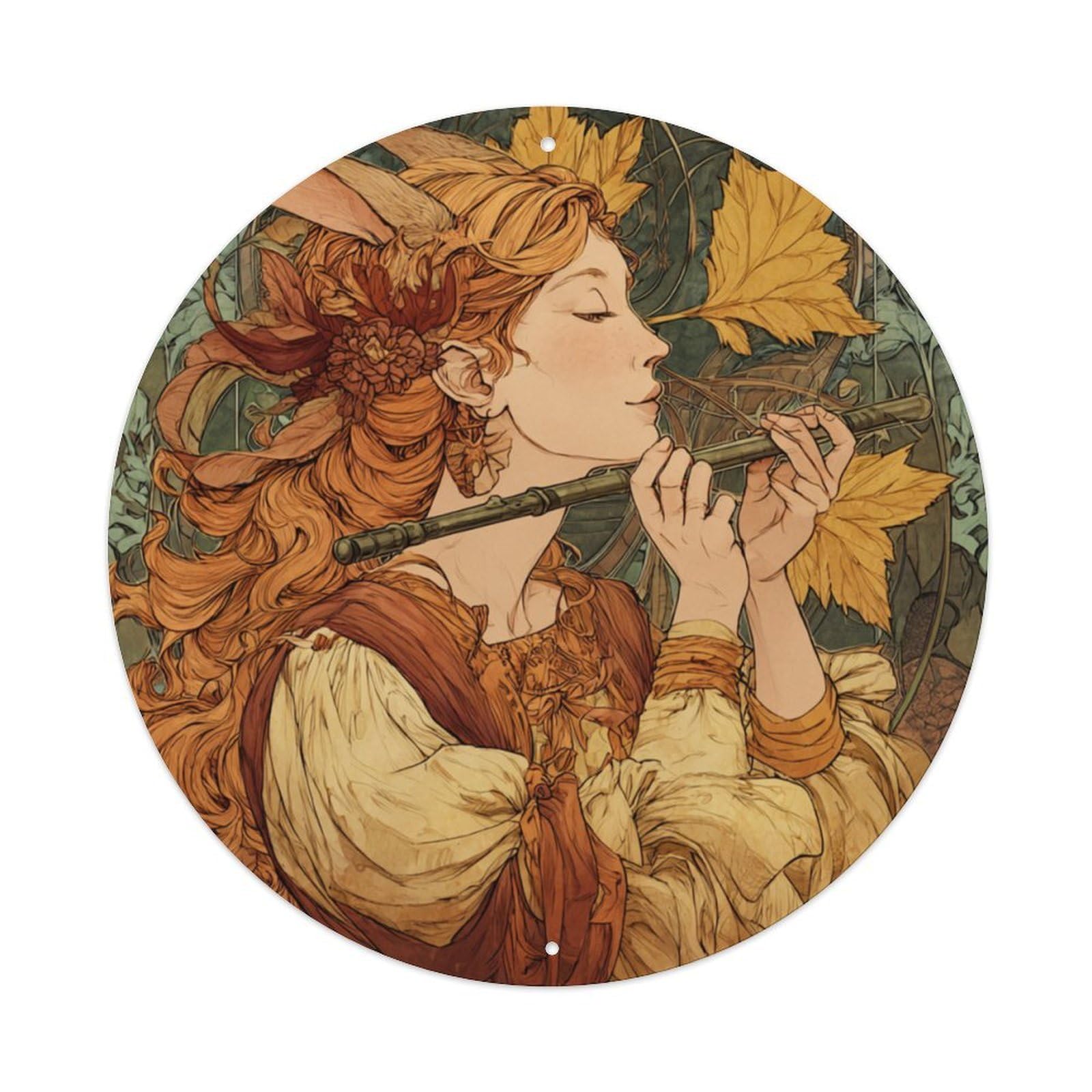 Mucha Style Autumn Leaf Flute Elf Girl Round Metal Sign Vintage Aluminium Metal Sign, Retro Wall Decor for Home, Bar, Garage & Farmhouse 20x20cm