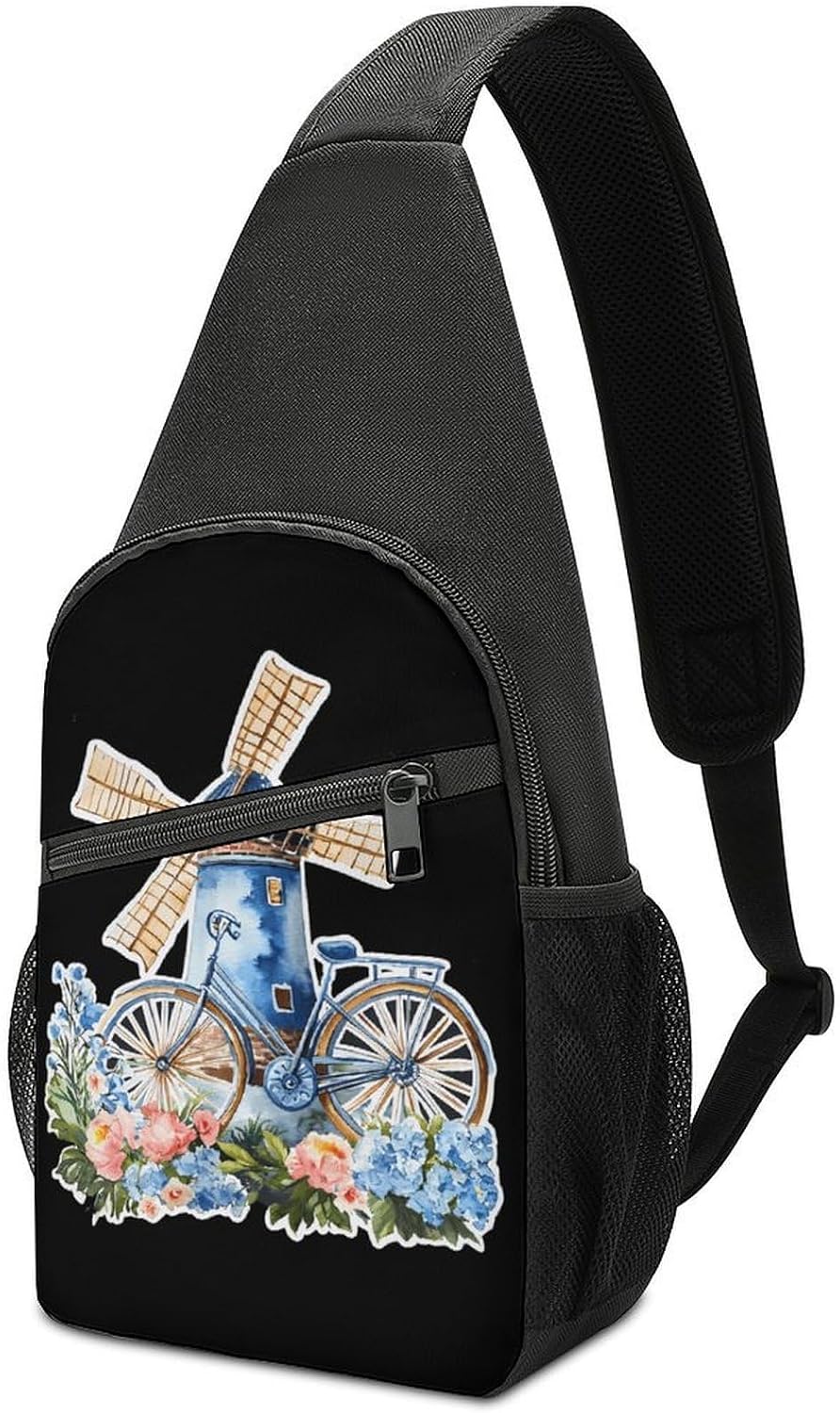 Dutch Windmill Bike Flowers Crossbody Sling Backpack Chest Bag Daypack | unisex,trendy,with convertible and detachable shoulder strap,side pockets