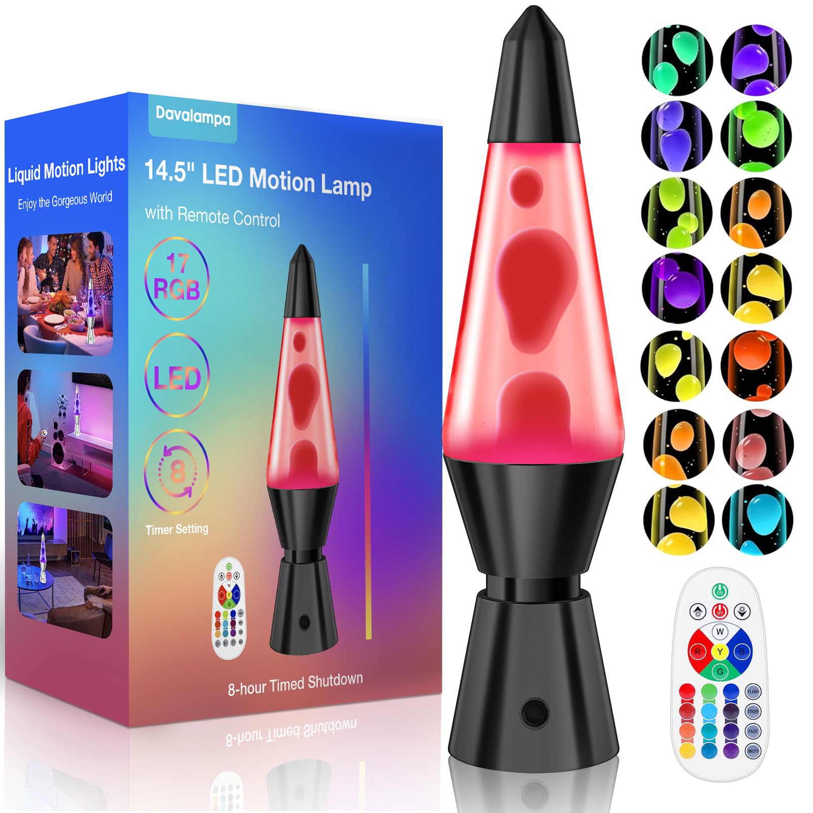 Davalampa Lavalampe Groß LED 17 Farbwechsel Steuerbar | Große Lavalampen Schwarz für Kinder Erwachsene | Nachtlicht Dimmbar mit Fernbedienung | Lampe Geburtstagsgeschenk (Sockel Schwarz, 37cm)