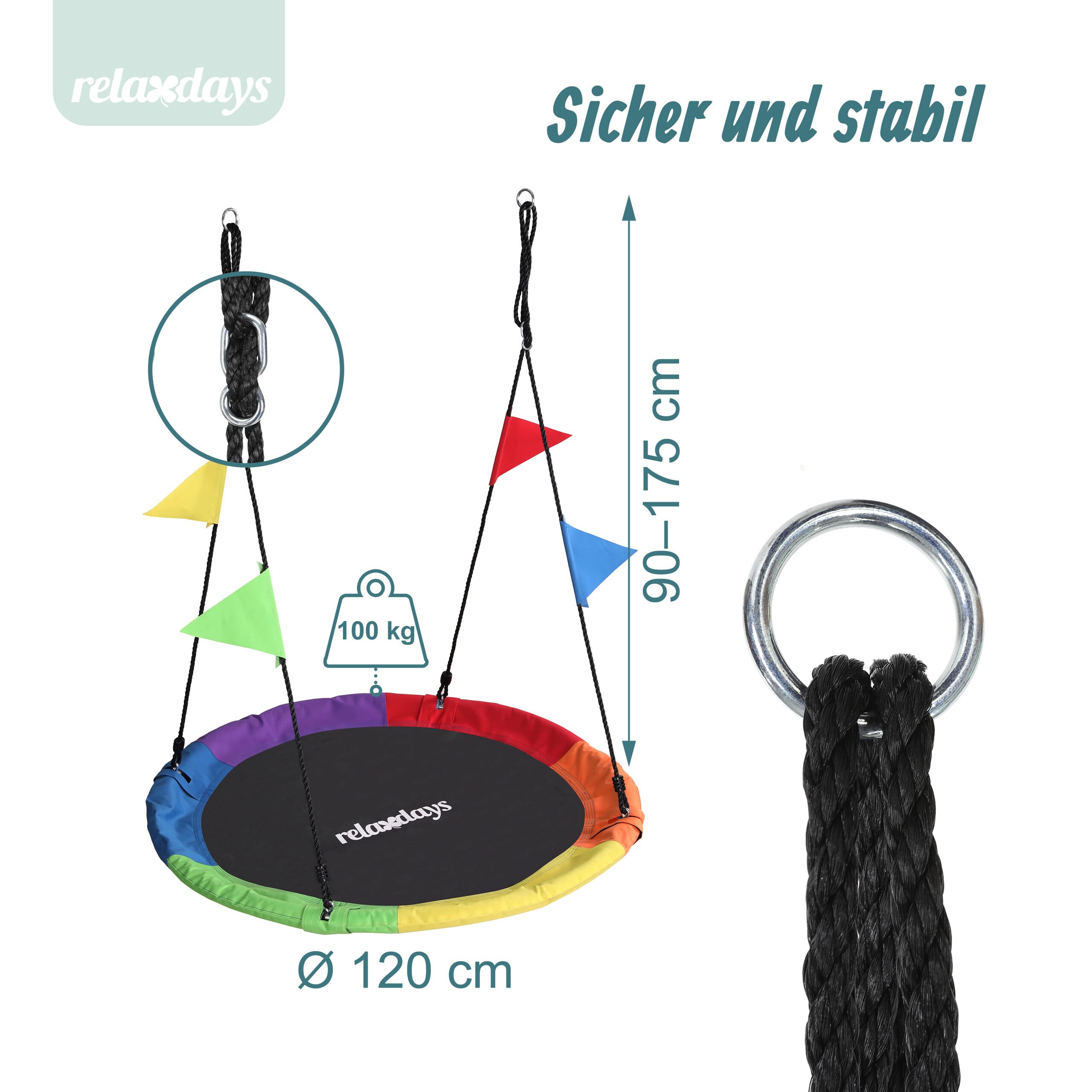 Relaxdays Nestschaukel, runde Hängeschaukel, mit Wimpeln, Kinder, verstellbar, Outdoor, Ø: 120 cm, bis 100 kg, bunt