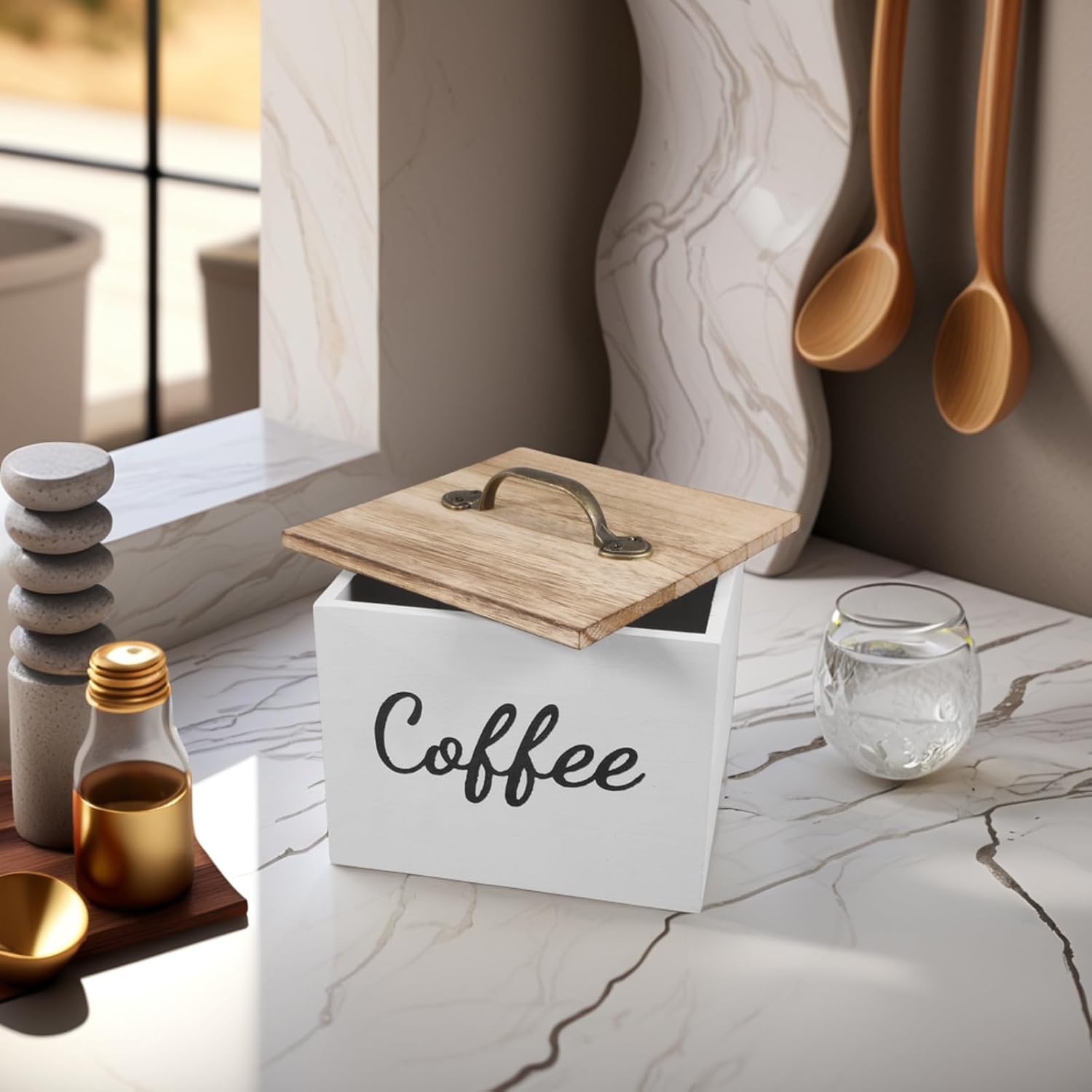 Wooden Storage Box with Lid Small Stackable Kitchen Organizer Container for Coffee Tea Candy Home Office Storage