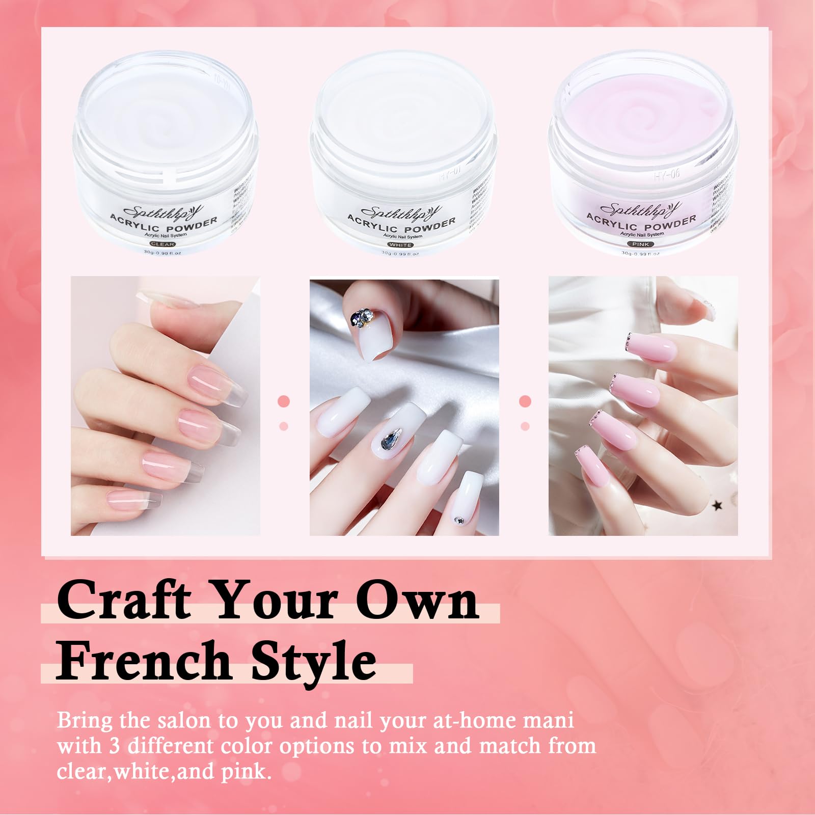 3PCS Poudre Acrylique pour Ongles SPTHTHHPY et 120ML Liquide Acrylique, Kit Vernis à Ongles Complet，Convient Aux Débutants et Aux ，Pas besoin de lampes UV
