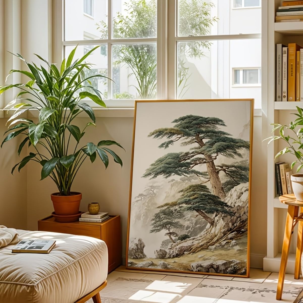 IXEHOH Quadro su Tela Pino Tradizionale Paesaggio Montano Giapponese Grandi Stampe su Tela Moderne Astratte per Soggiorno Toni Neutri Arredamento Minimalista Quadro Verticale 80x120cm