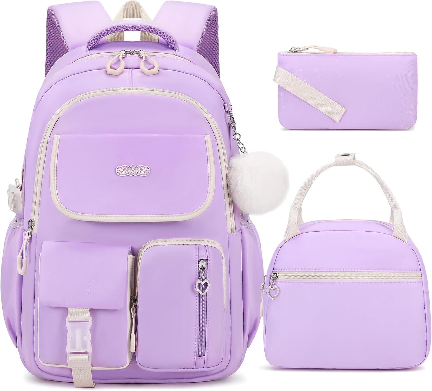 Backpacks for Girls, 3PCS School Backpack with Lunch Box Pencil Pouch for Teen Girls Kids Elementary Primary Middle High College Daypack School bag Bookbag Set(Purple)