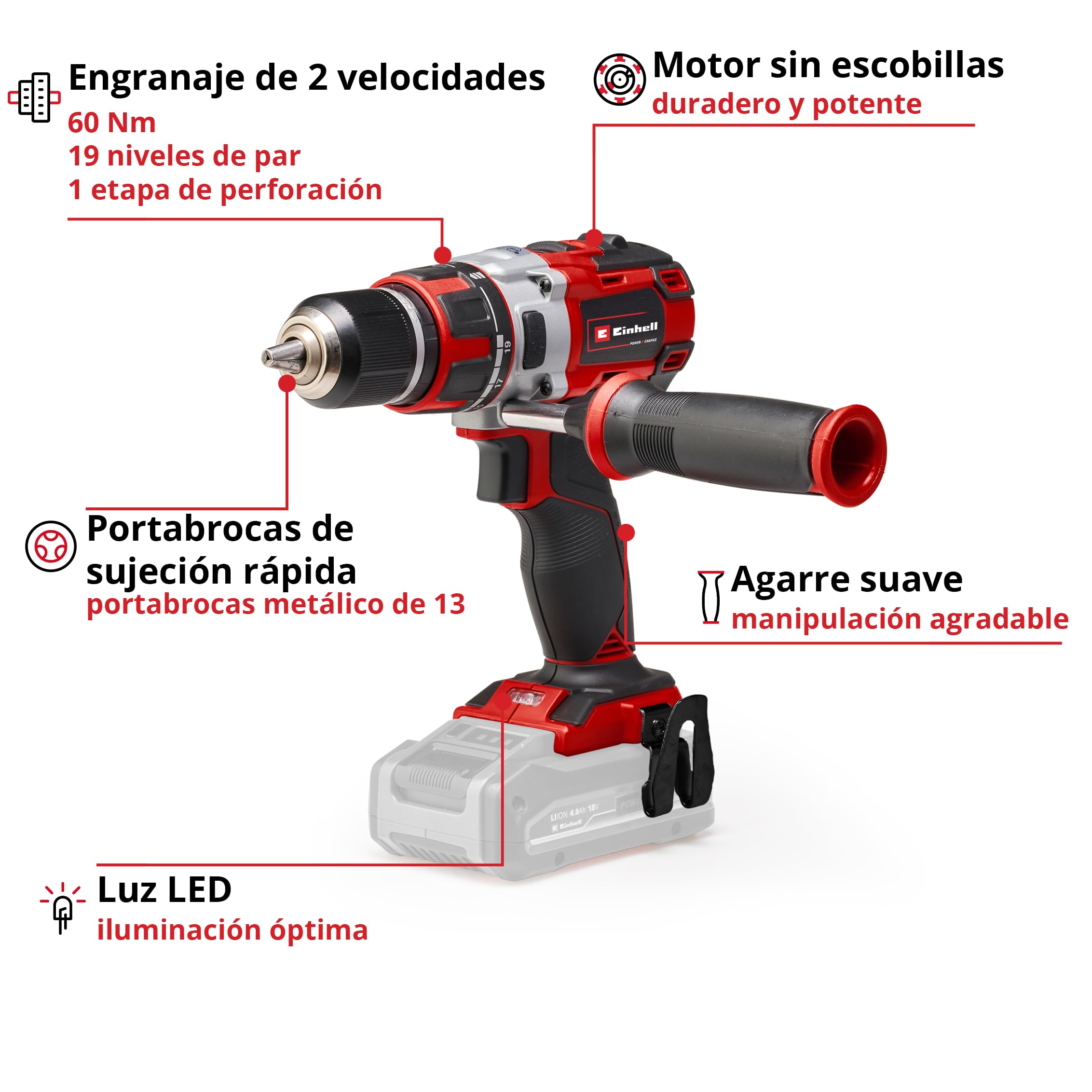 Einhell Taladro atornillador a batería - TE-CD 18 Li Brushless Solo Power X-Change, Iones de litio, par de 60 Nm, motor sin escobillas, mandril de metal de 13 mm, sin batería ni cargador