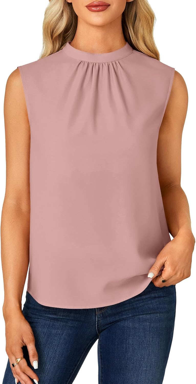 Rooscier Women's Mock Neck Sleeveless Pleated Front Elegant Blouse Tank Top - Image 2