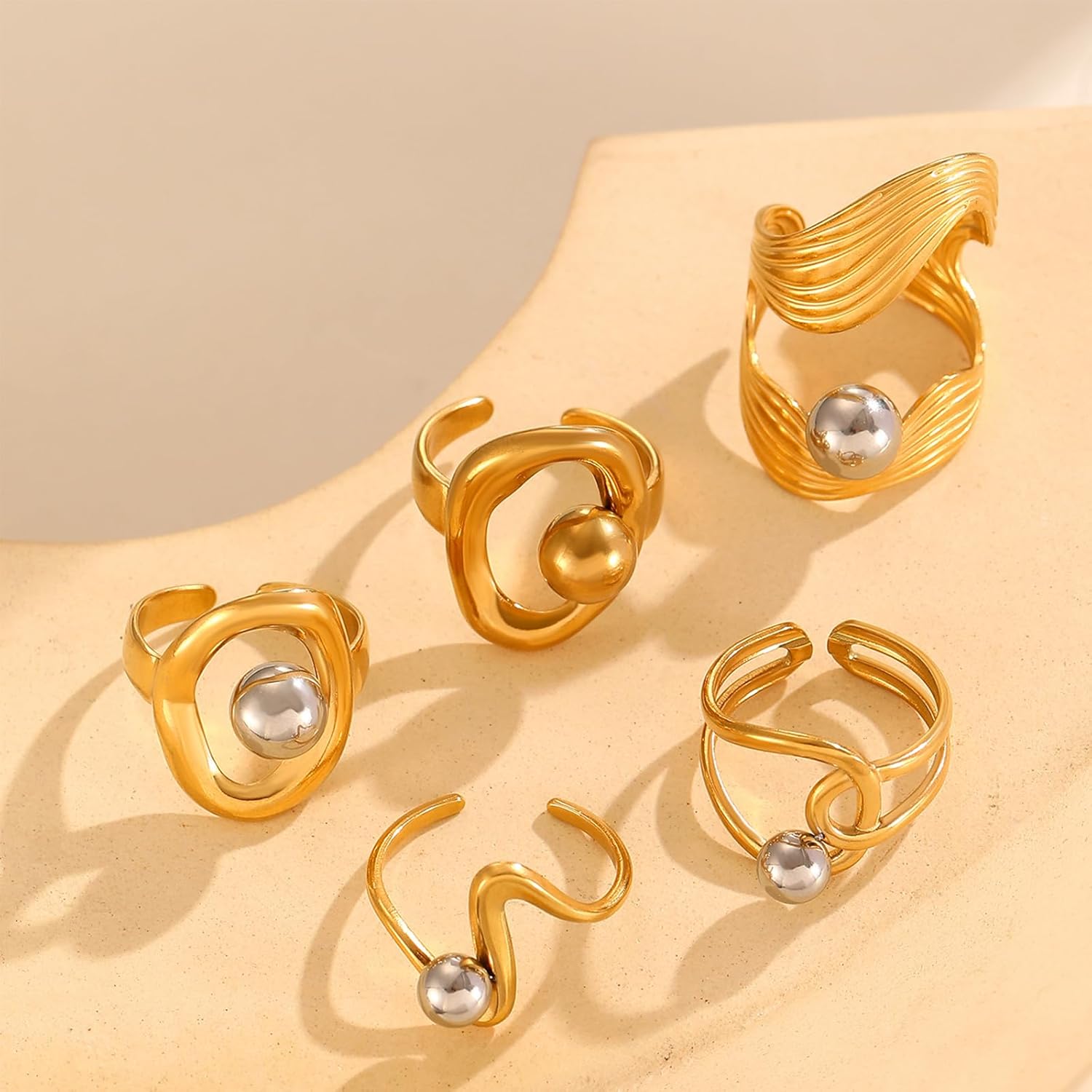 Two Tone Open Ring for Women & Men, Adjustable Gold and Silver Geometric Ring, Minimalist Boho Stainless Steel Statement Jewelry for Everyday Stacking - Image 5