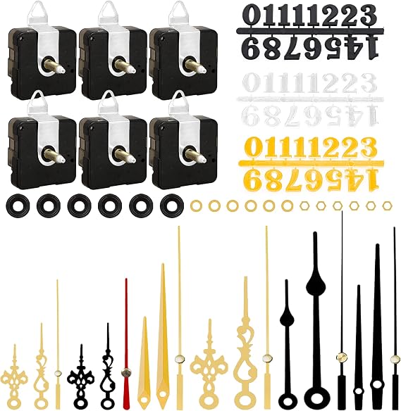 6pcs High Torque Quartz Clock Movement Mechanism Replacement Clock Numerals Kit with 6 Different Pairs of Hands Clock for DIY Wall Clock Handicrafts Repair Clock Parts 21.5mm