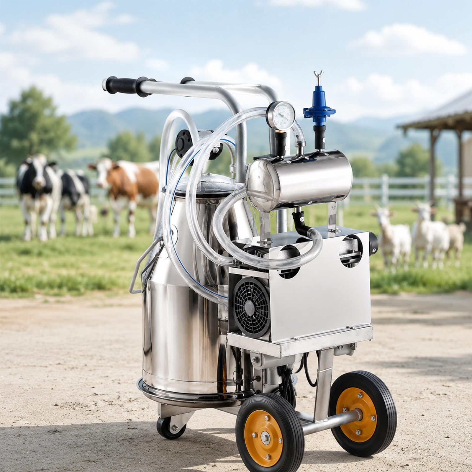 XEEAOFE Cow Milking Machine & Vacuum Milker, 6.6Gal/25L 304 Stainless Steel Bucket, Adjustable Suction & Pulsation, 4 Food-Grade Teat Cups, for Goats and Sheep