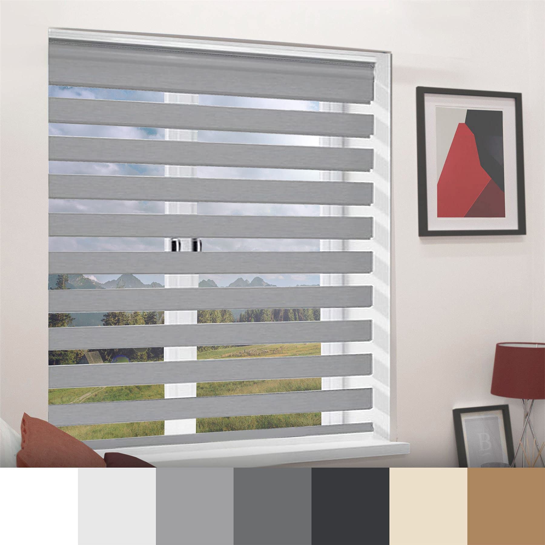 Caecus Light Grey Day and Night Zebra Roller Blind Dual Layer Fabric Aluminium Rail Easy Fit Home Office Bedroom Kids Room Easy Fit 120cm Width x 160cm Drop
