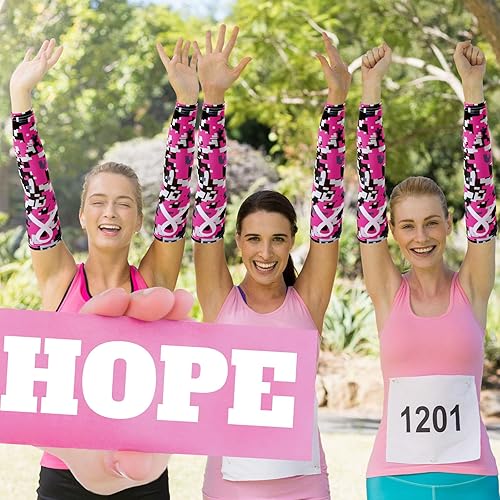 Miniatura 10 de Zhehao 18 pares de mangas de concientización sobre el cáncer de mama, mangas de compresión para brazos con cinta rosa, mangas de compresión para