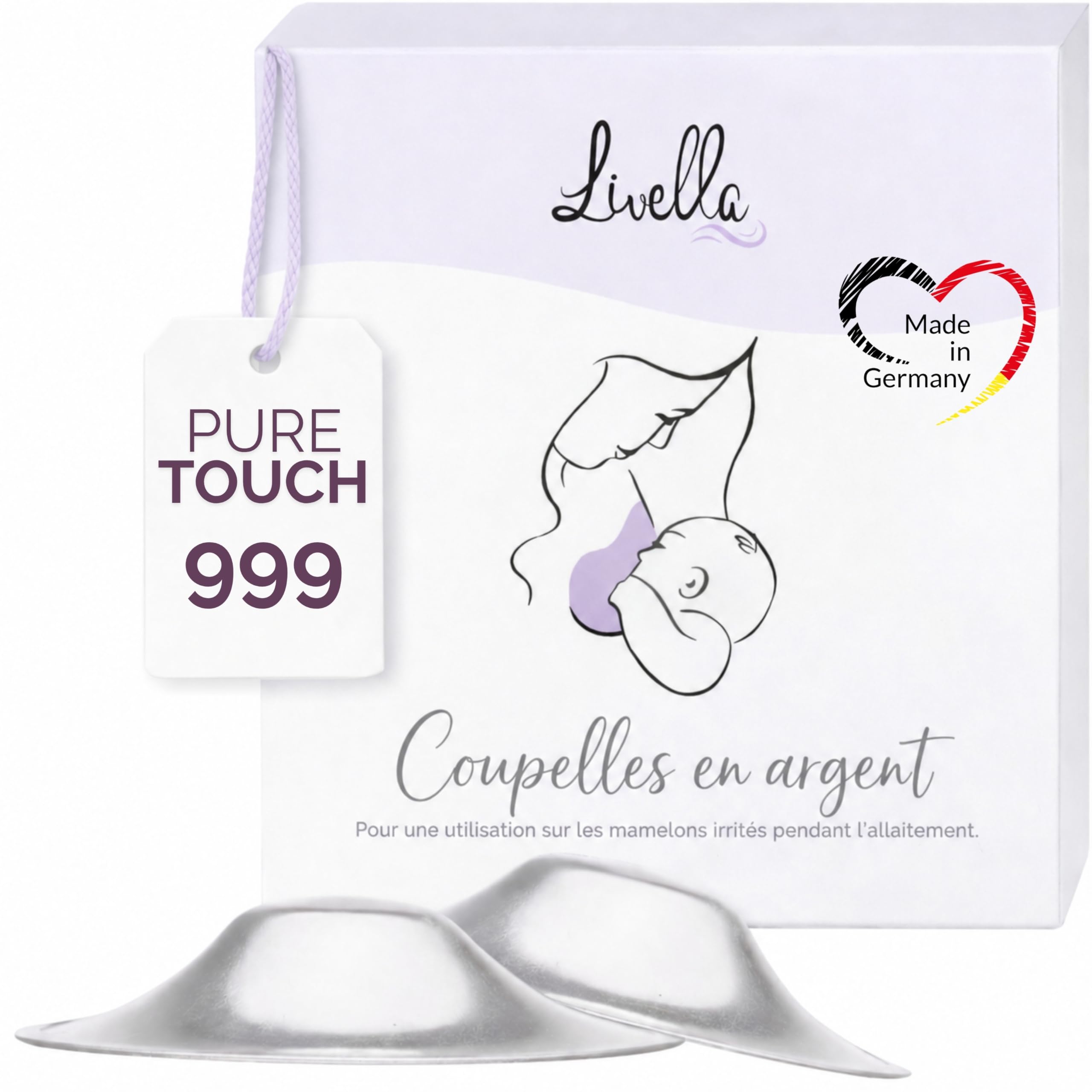 Livella | Coupelles en Argent pour l'Allaitement - Made in Germany - Pour les mamelons sensibles - Maintient un milieu cutané humide - Bouts de sein protecteurs pour la maternité et le post-partum
