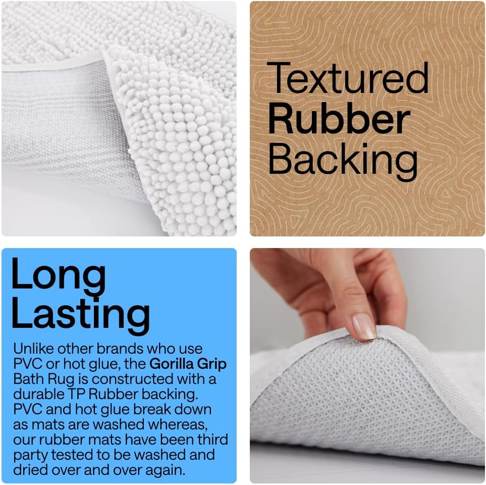 GORILLA GRIP Bath Rug Mat 30x20, Thick Soft Absorbent Chenille, Quick Dry Microfiber Mats, Rubber Backing Washable Shower Floor Rugs, US Designed Bathroom Bathmat Home Decor Accessories, White