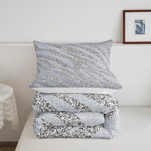 Miniatura 5 de Erosebridal Juego de edredón con estampado de cebra con purpurina, juego de ropa de cama de animales lindos de tamaño Queen, juegos de ropa de cama