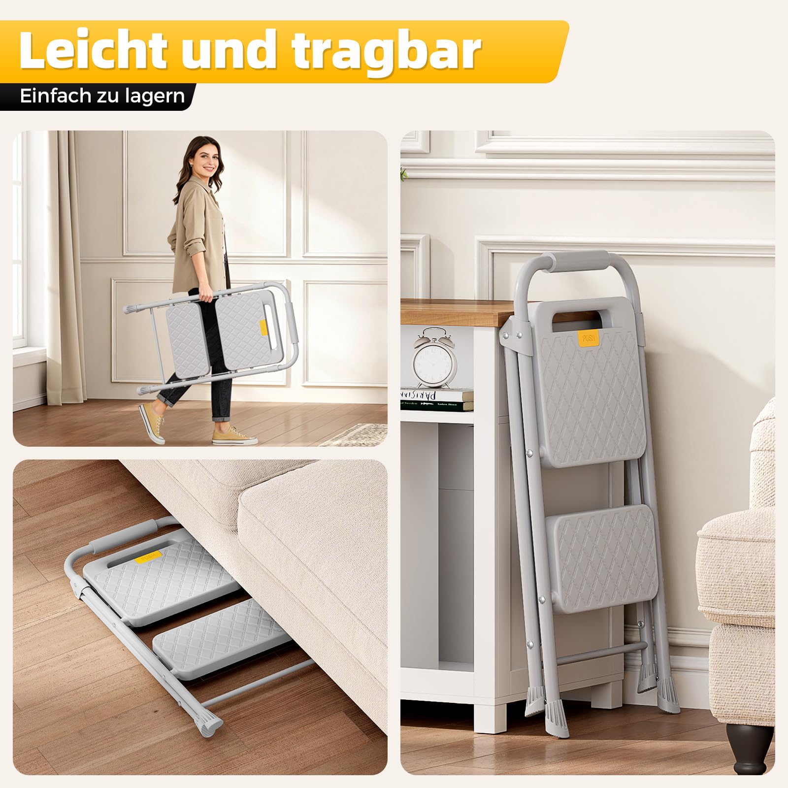 KINGRACK Trittleiter 4 Stufen Klappbar, Leiter mit Sicherheitsschloss | Haushaltsleiter Klapptritt mit Anti-Rutsch-Pedal, Bequemer Handlauf, Tragbarer Tritthocker für Küche Büro Terrasse, Grau