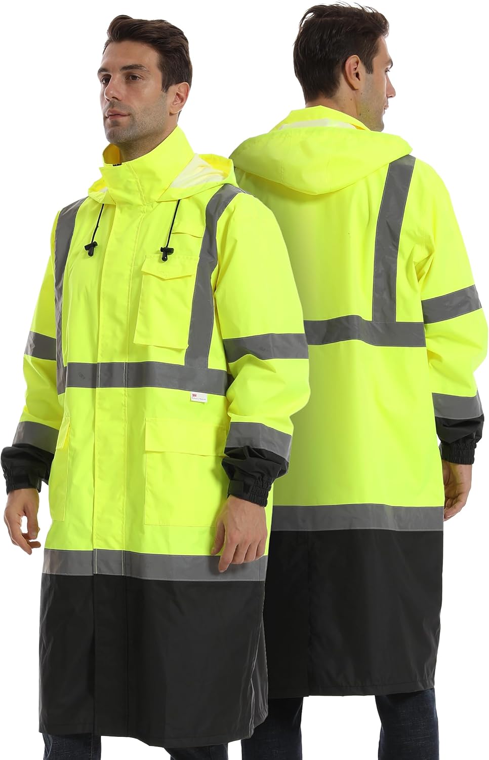 Reflective Rain jackets for men waterproof,Hi Vis Rain Coat With 3M Reflective Strips，High Visibility Class 3 Rain Gear With 2 large pockets，Zipper,Black Bottom Lime，6XL
