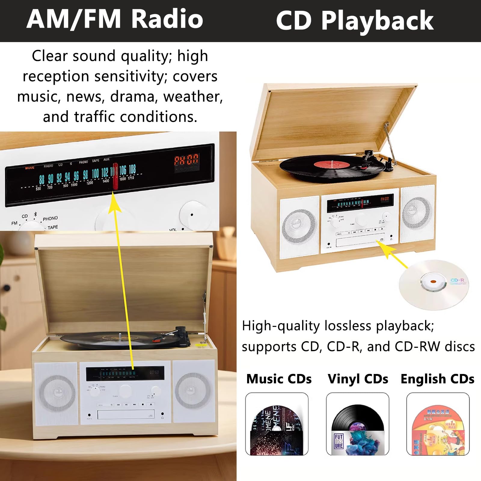 Lettore audio multifunzionale con Bluetooth, CD, cassetta, radio AM/FM e supporto per cuffie, per musica, notizie e intrattenimento
