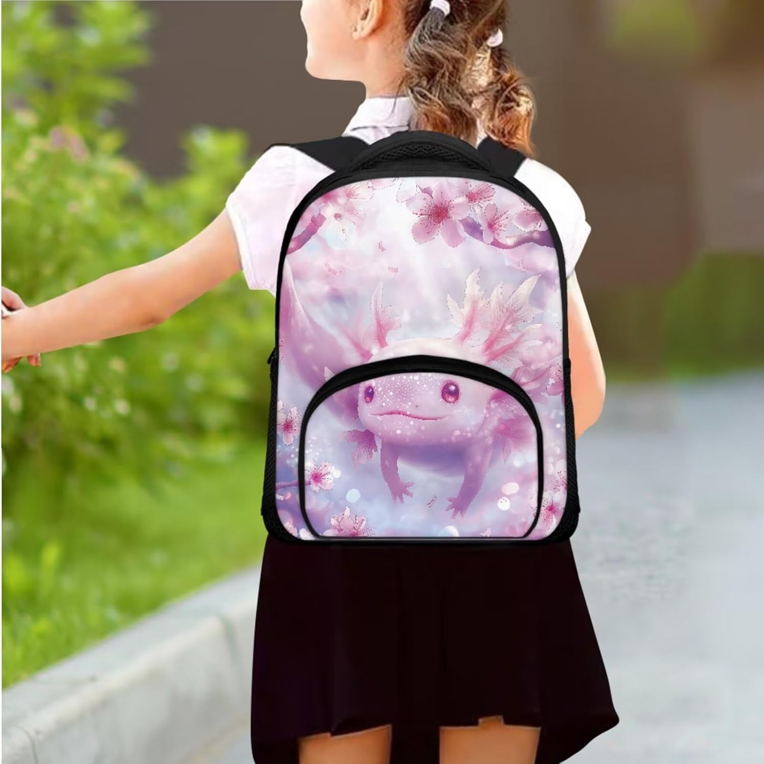 Aesthetic Cherry Blossom Axolotl Backpack for Girls Kids Backpack with Lunch Box and Large Pencil Case 3 Pcs Set 12" Bookbag with Front Pocket Sturdy School Bag with Side Pockets for Toddler