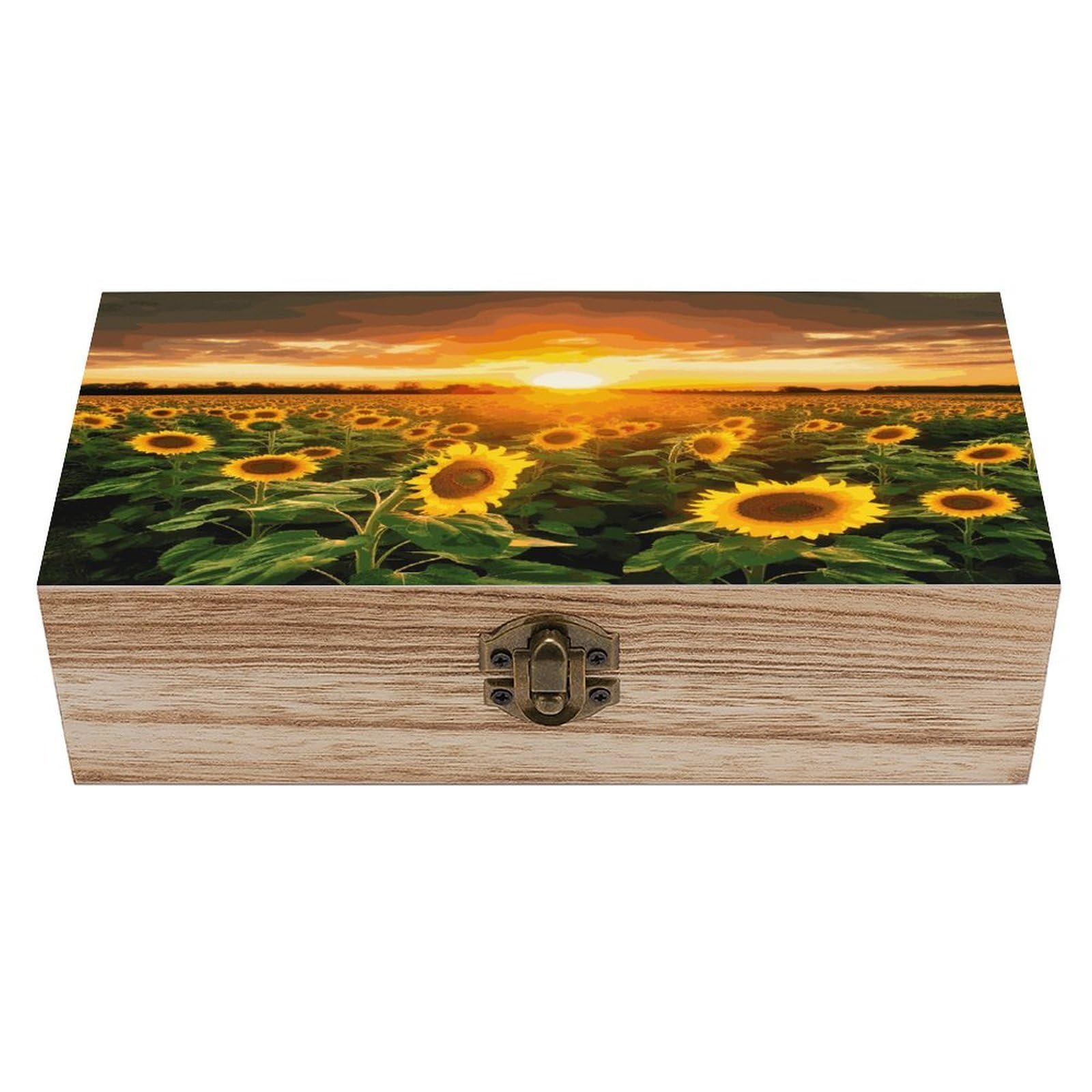 asbwuo Sunflower Field Sunset Wood Keepsake Box Wooden Box with Hinged Lid