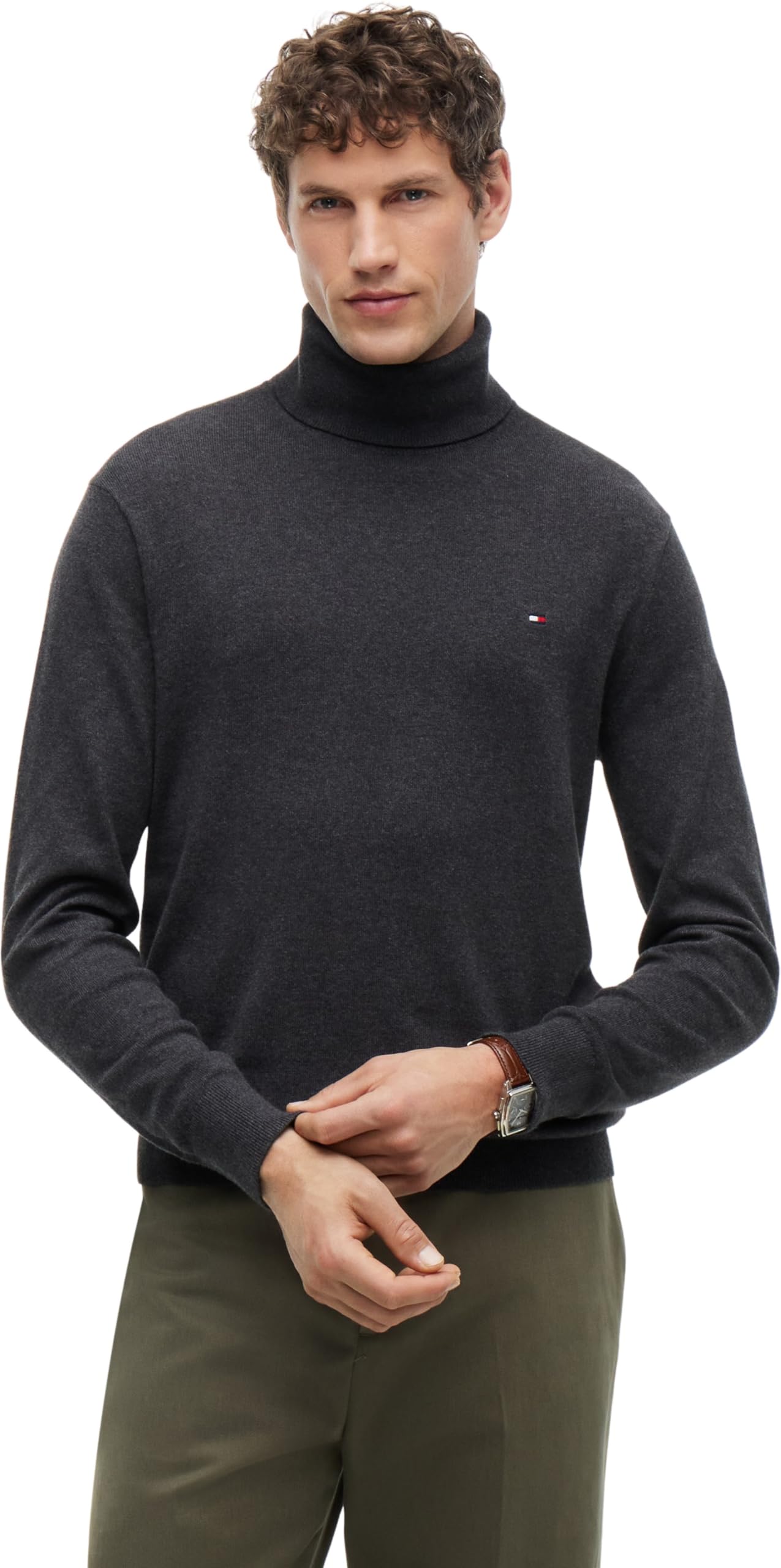 Tommy Hilfiger Men’s Pima Cashmere Roll Neck Jumper, Grey (Dark Grey Heather), S