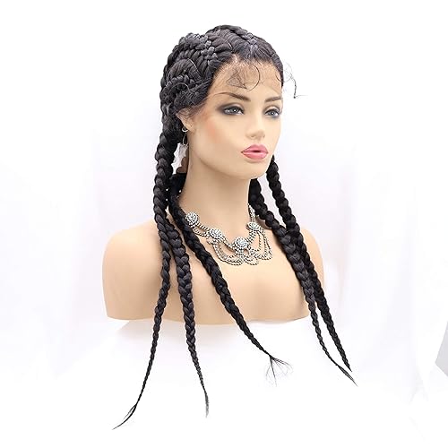 Miniatura 2 de Xiweiya negro 5 trenzas largo trenzado peluca de pelo destacado 1B sintético encaje frontal peluca con cuatro trenzas para mujer, Drag Queen