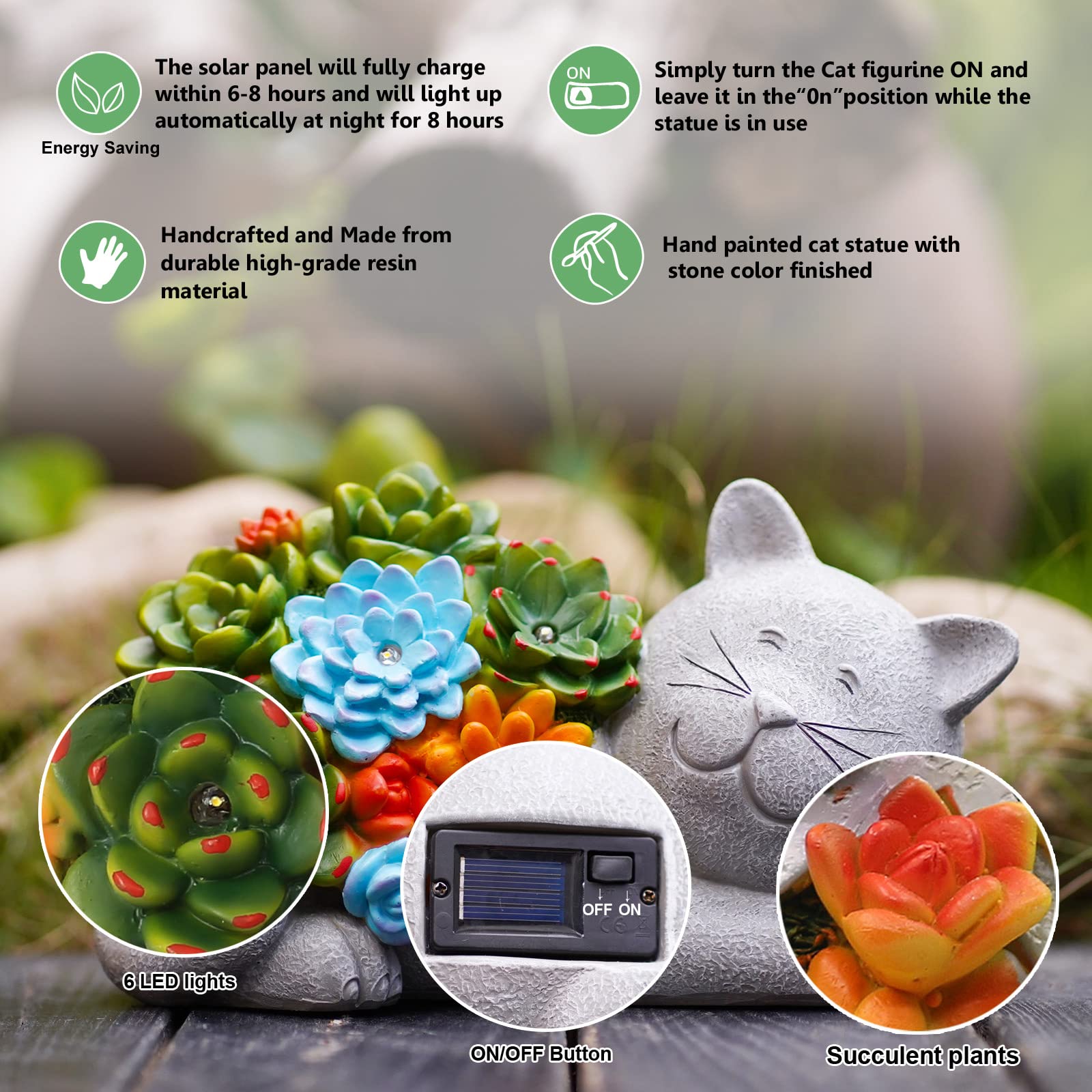 Yeomoo Statuetta decorativa a energia solare con piante grasse, decorazione da giardino per esterni, grigio | Graziosa statuetta da giardino con luci solari, regalo per gli amanti dei gatti, per donne, giardino, balcone, camera, 23 cm