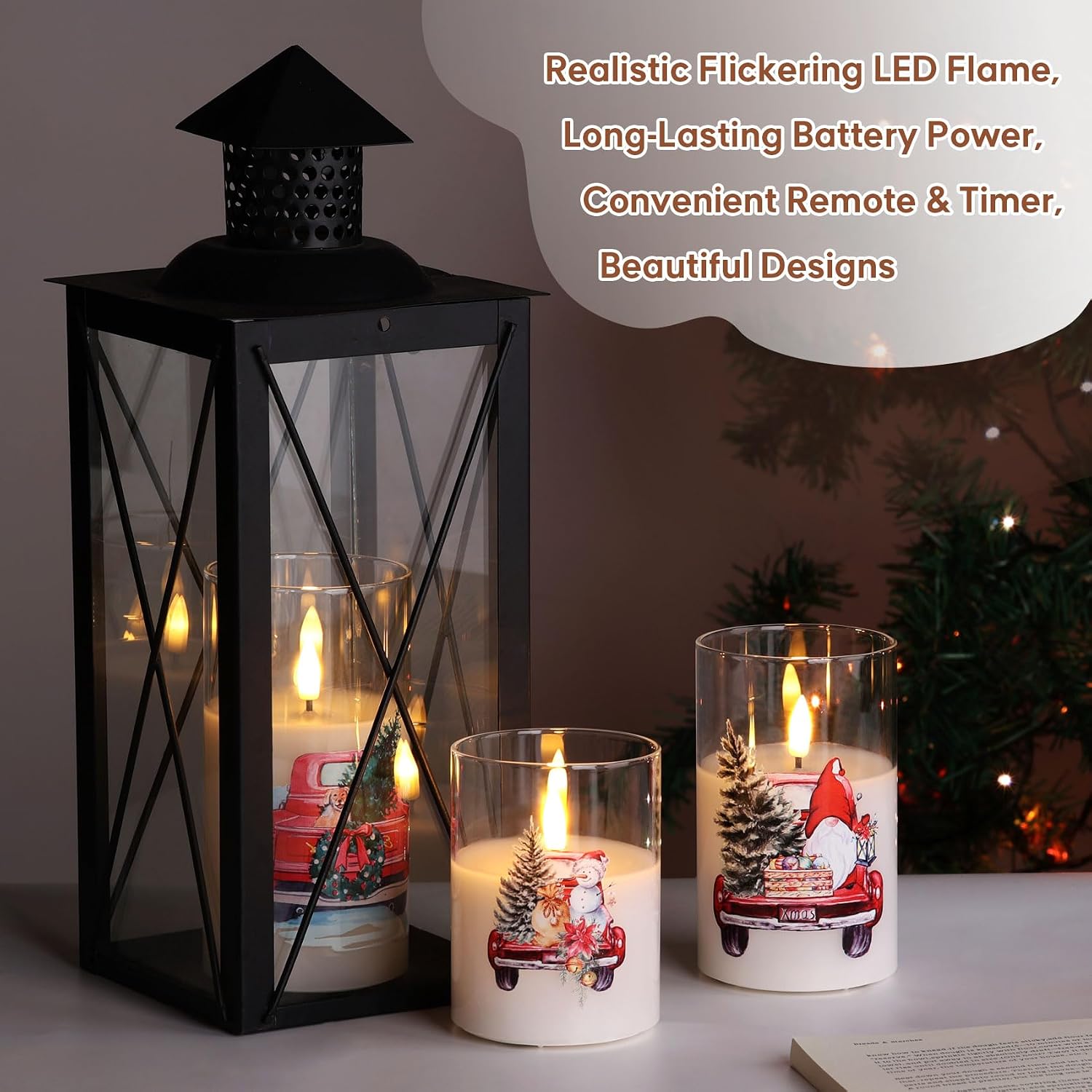 Eywamage Christmas Glass Flameless Candles with Remote, Flickering LED Pillar Candles Holiday Table Decor Gift Set of 3 image 4