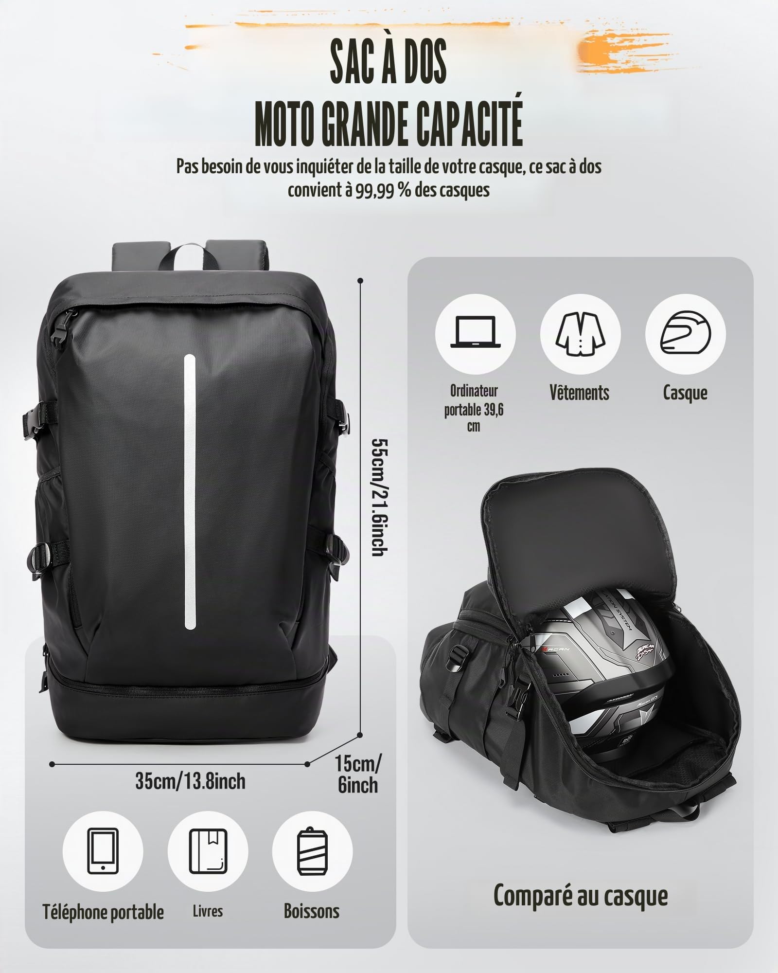 Sacs à dos étanches pour moto pour hommes et femmes Grands sacs à dos pour moto Sacs de voyage avec compartiment pour chaussures Sac à dos léger pour moto Motorcycle Backpack Noir