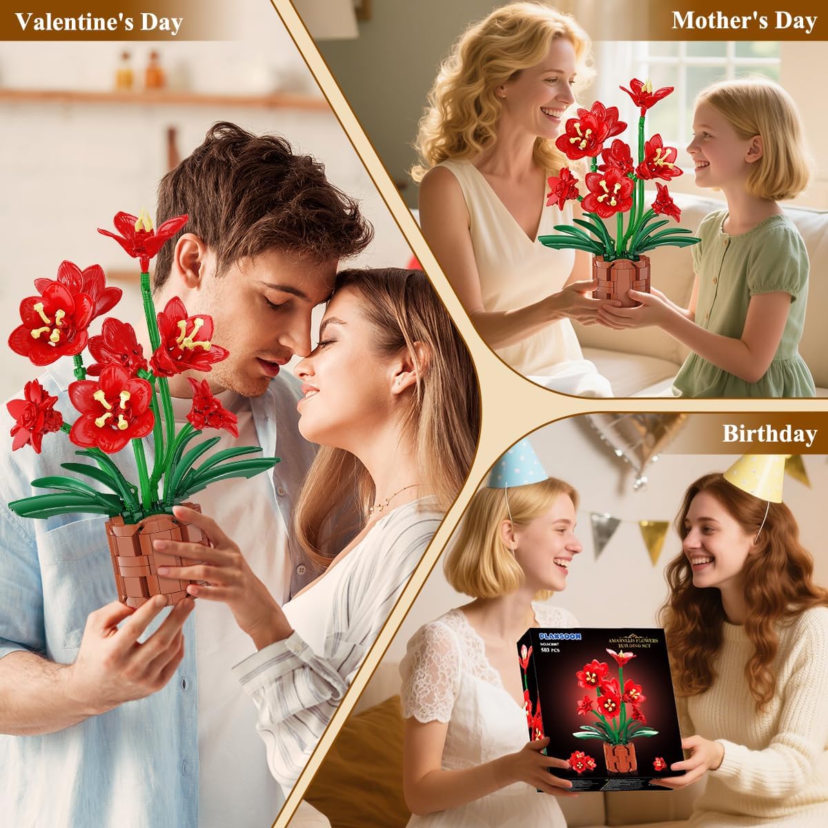 PLAXSOON Amaryllis Flowers Building Set, Flower Bouquet Gift for Mothers Day Botanical Collection Building Block Toy for Women Her Adult, Artificial Plant Kit Home Decor for Mom Wife Couple Girls 12+