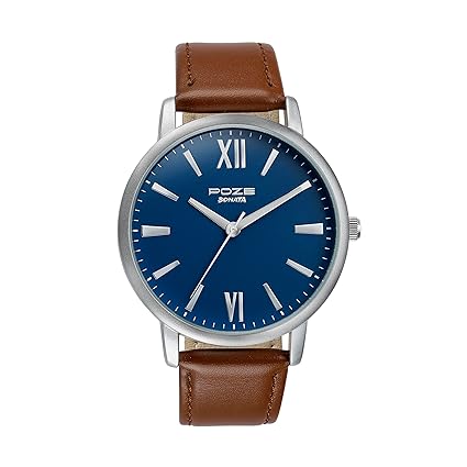 Sonata Poze Quartz Analog Blue Dial Leather Strap Watch for Men_SP70039SL02W