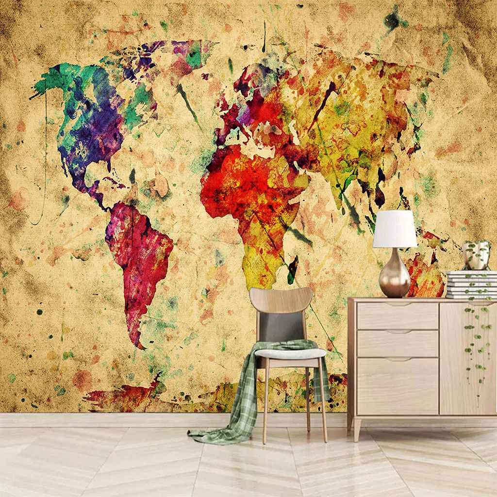 Papier peint carte du monde auto-adhésif pour rénover un mur de salon