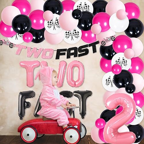 Miniatura 3 de Juego de 80 piezas de decoración de fiesta rápida para niñas, decoración de fiesta de 2 cumpleaños con temática de carreras rosadas, dos banderines