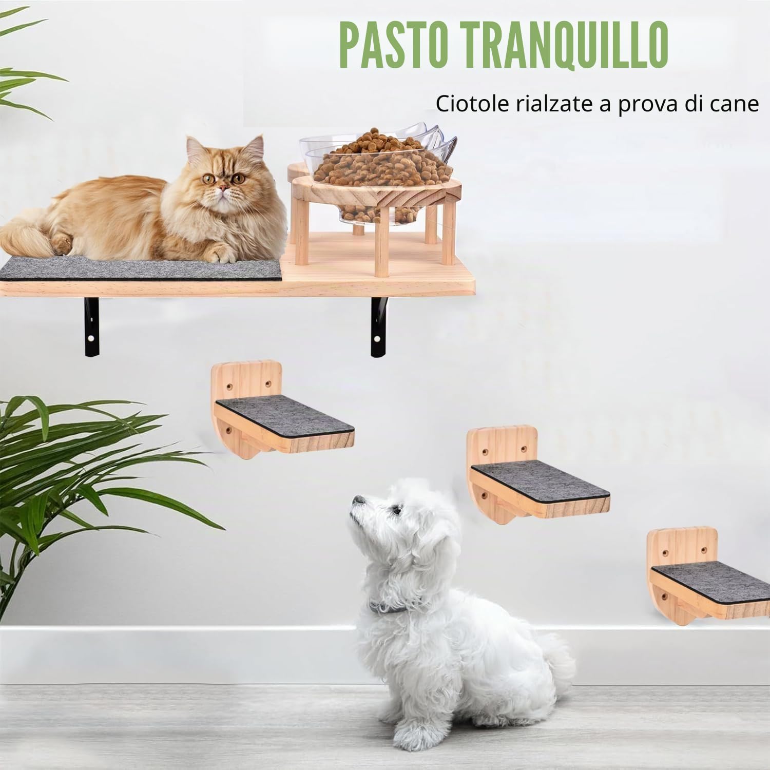 Mensole da Parete per Gatti Con 2 Ciotole e 3 Passi, 2 Posatoi Coperti con Feltro, Mobili per Gatti, Mensola da Arrampicata