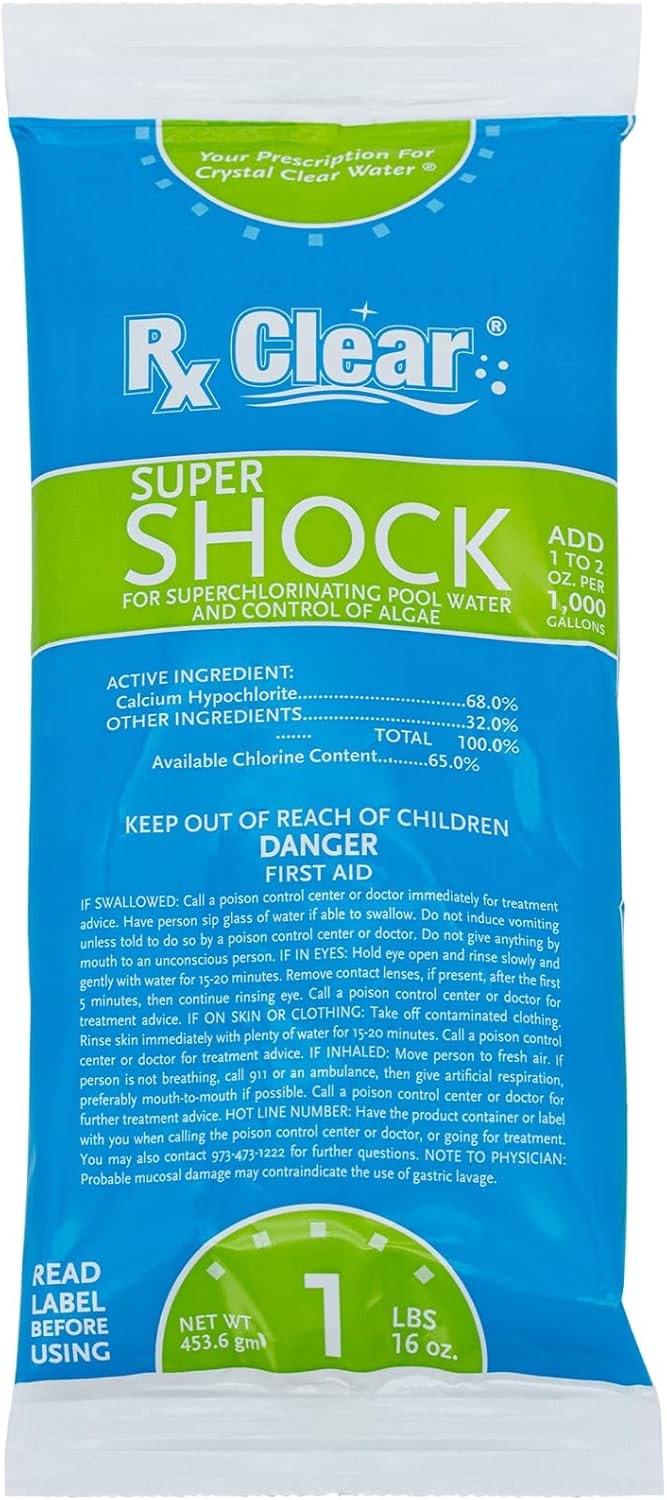 Rx Clear Super Shock for Swimming Pools | Chlorinator and Algaecide | 68% Calcium Hypochlorite | Kill Pool Algae for a Crystal Clear Pool | One Pound Bags | 24 Pack