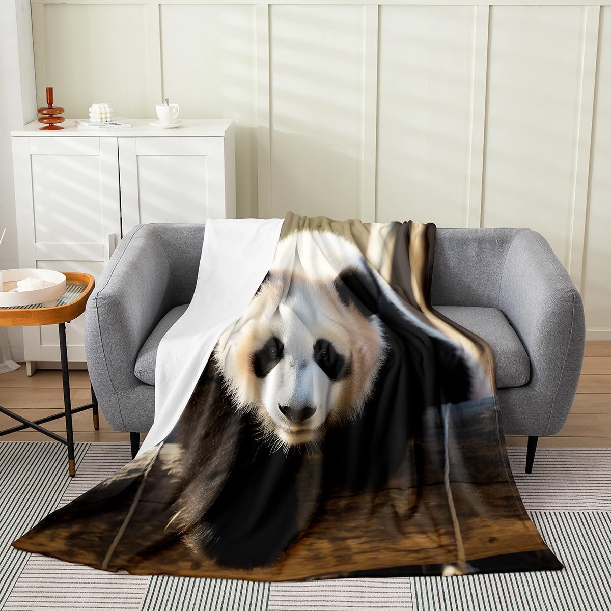 Erosebridal Cute Panda Blanket Throw 50x60, 3D Animals Throw Blanket For Kids Girls Boys, Kawaii Wildlife Print Microfiber Fleece Blanket For Sofa Bed Couch, Black White Wild Wooden Cozy Fuzzy Blanket