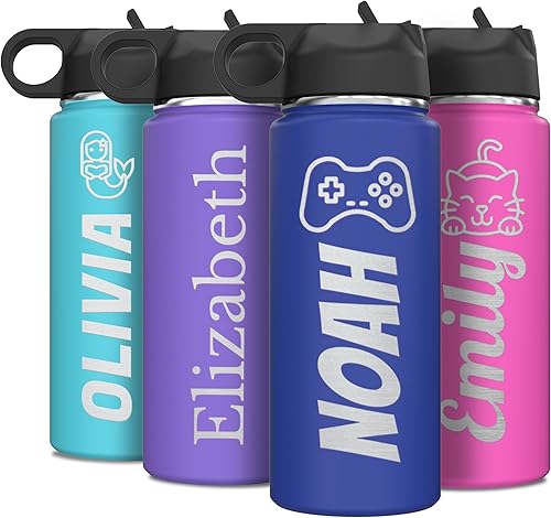 Miniatura 10 de shop4ever Botella de agua de acero inoxidable aislada personalizada para niños de 32 onzas con tapa superior abatible y popote, grabado