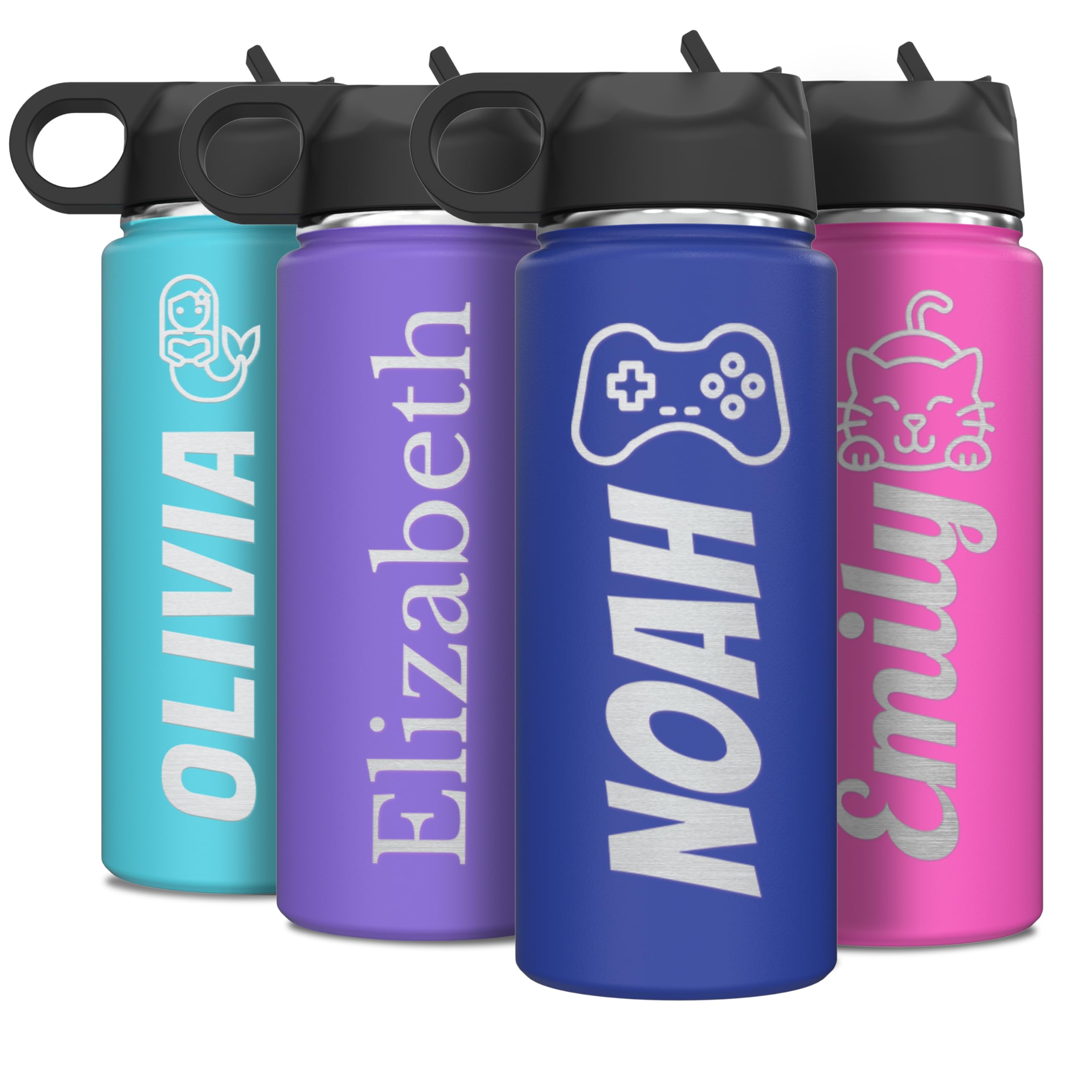 Personalized Insulated Stainless Steel Water Bottle for Kids 18 oz with Flip Top Lid Straw Custom Engraved with