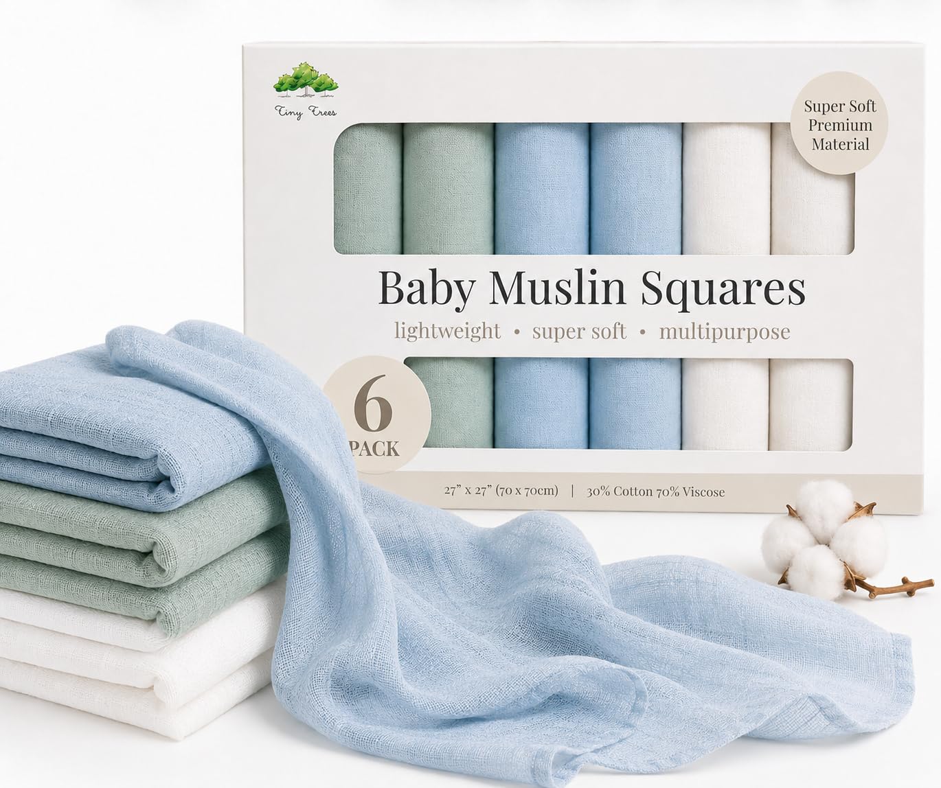Tiny Trees Men's Multicolor Tiny Trees® Baby Muslin Cloths 6 Pack | 70X70cm Soft Cotton & Bamboo